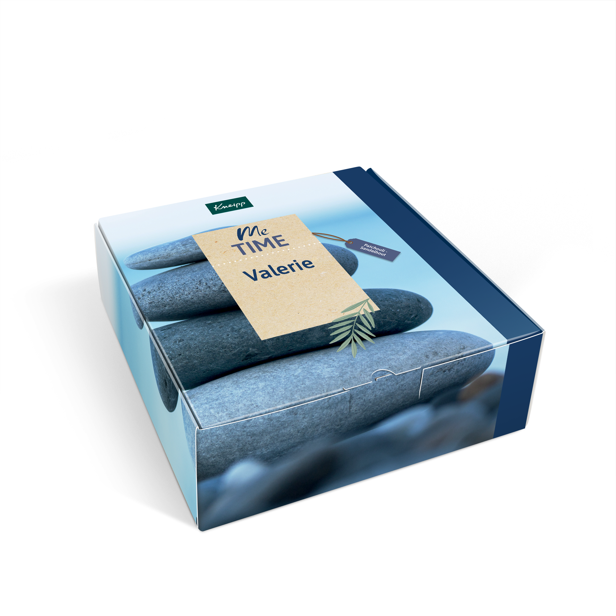 Kneipp wellness gift set box personalized with the name Valerie and a serene stone design for a home spa experience