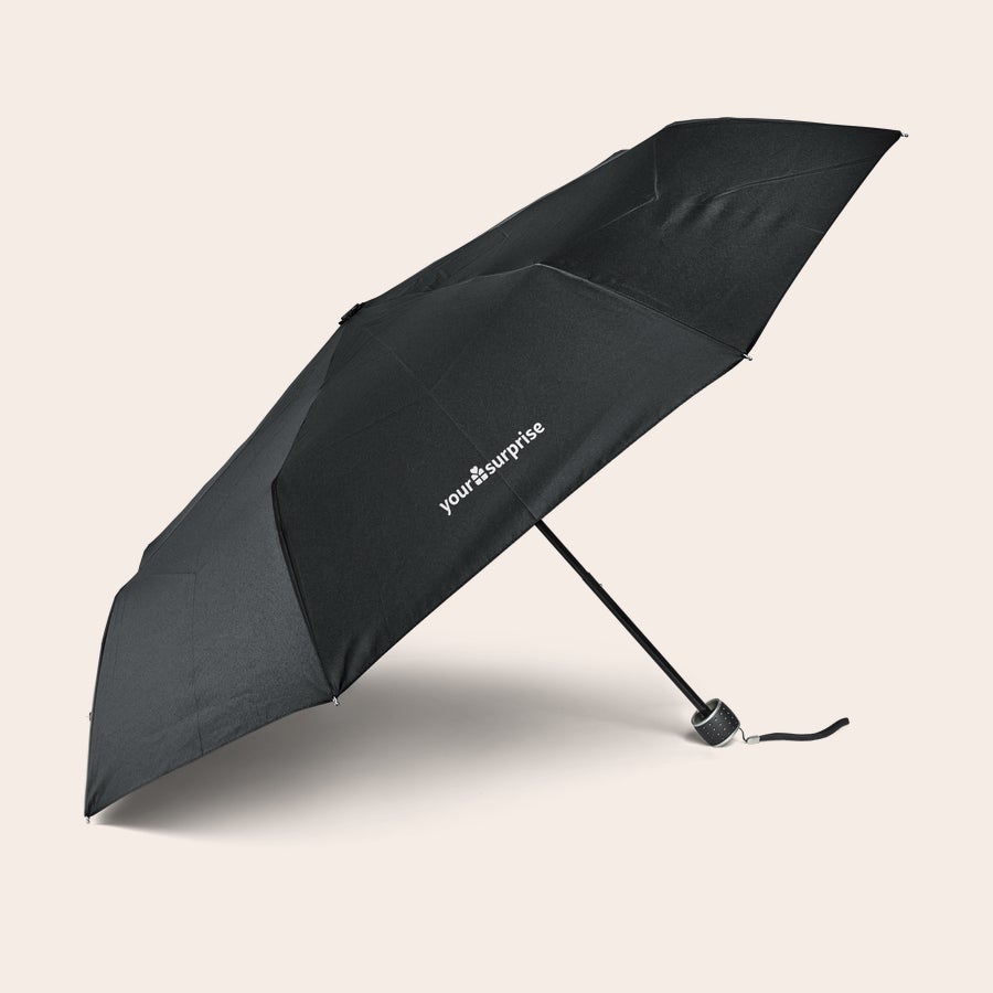 Umbrelă Umbrela plianta personalizata de culoare neagra, cu maner gri si agatatoare neagra, poate fi imprimata cu text sau logo