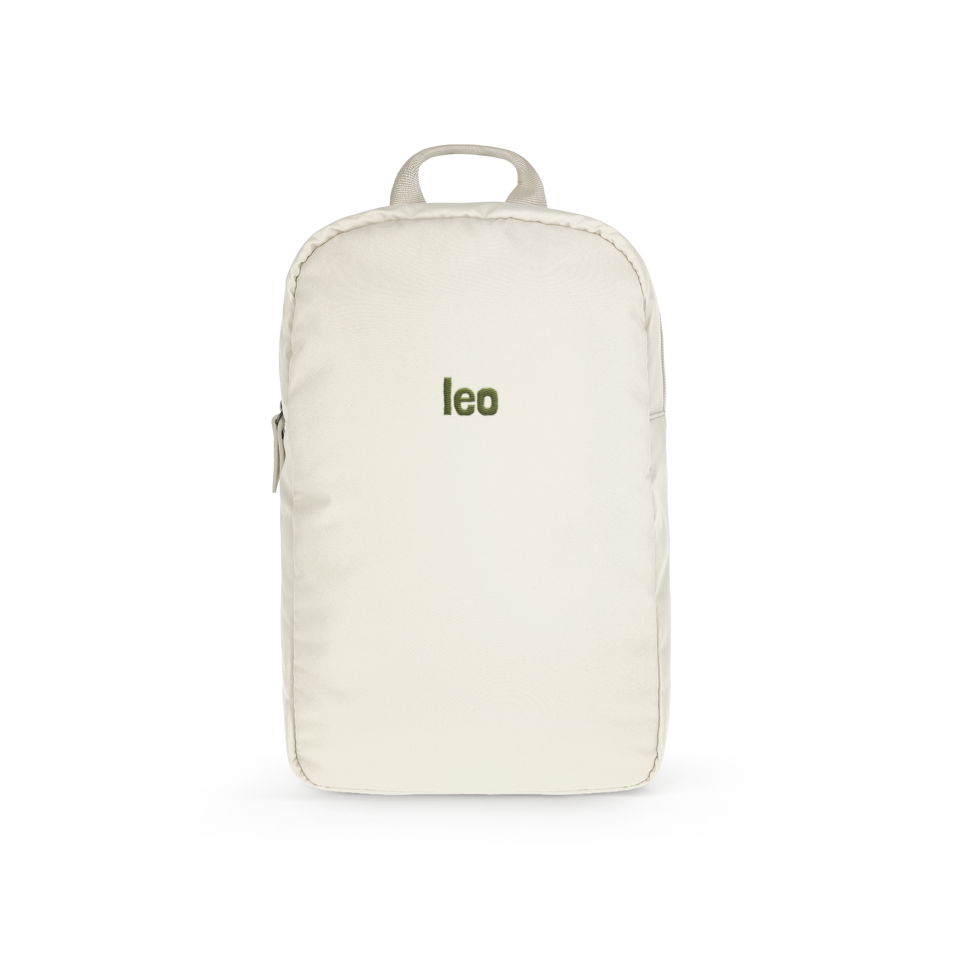 Personalised puffer backpack - Children - Beige, featuring the embroidered name Leo in green font, a customizable gift for kids