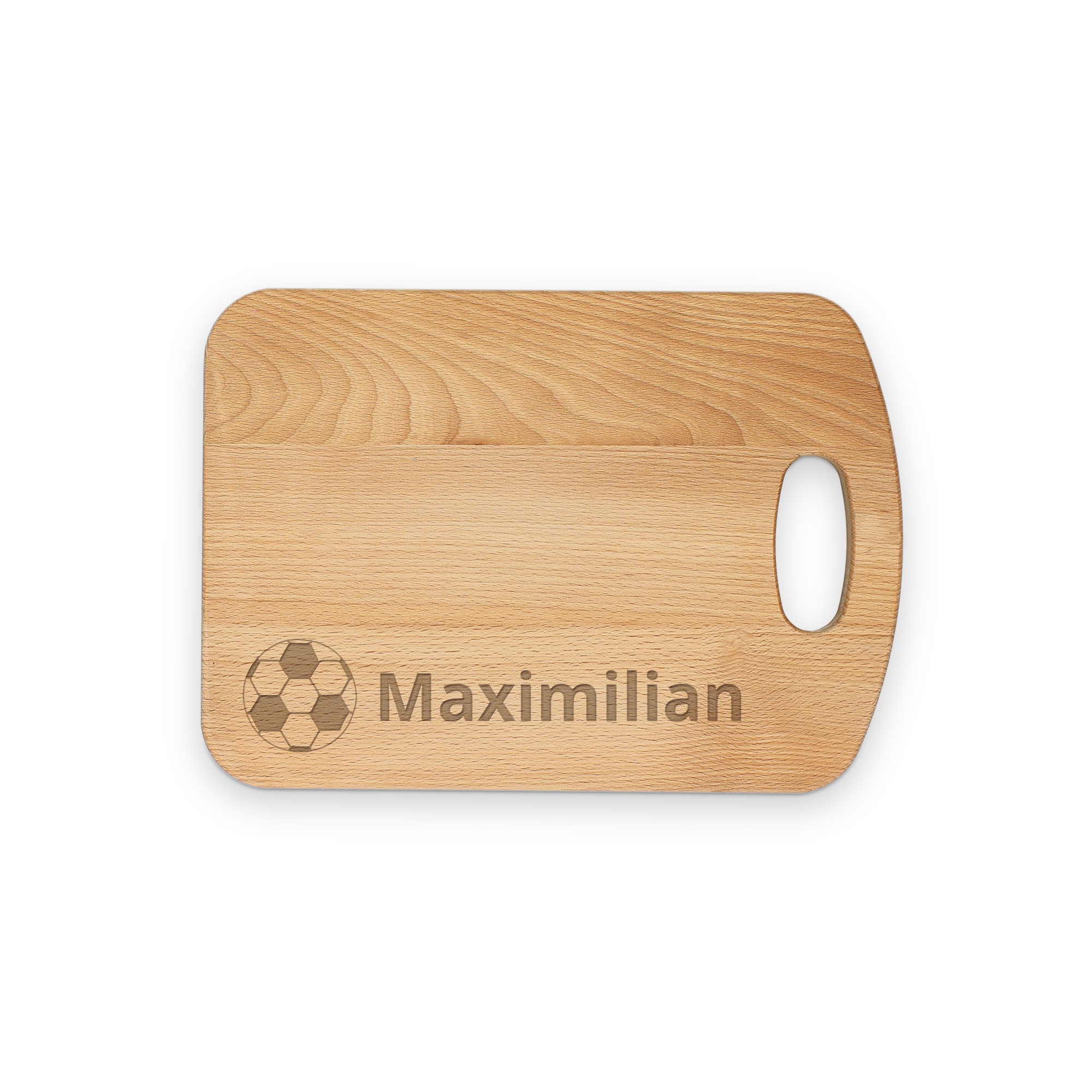 Holzbrettchen mit Fußballmotiv und dem Namen Maximilian, als personalisiertes Geschenk mit Gravur.