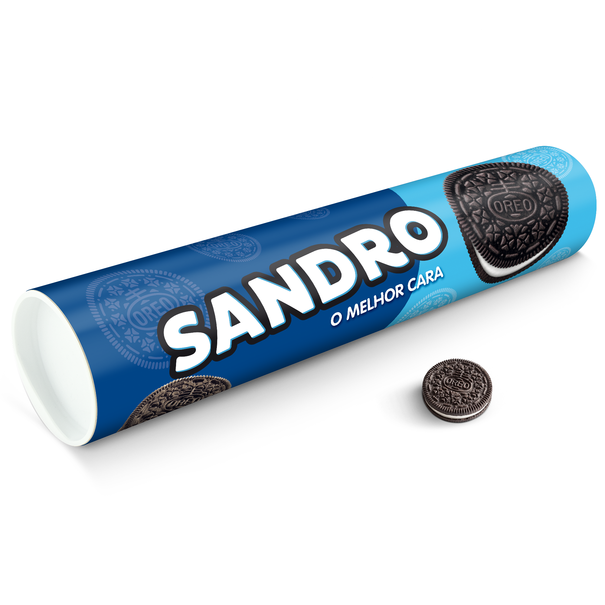 Tubo de presente XXL Oreo azul escuro, personalizado com o nome "SANDRO" e a frase "O MELHOR CARA" em branco, e um biscoito Oreo ao lado.