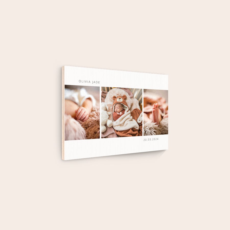 Foto em madeira Impressão Com uma foto em madeira, personalizável com fotos de bebê, nome Olivia Jade e data 20.03.2024