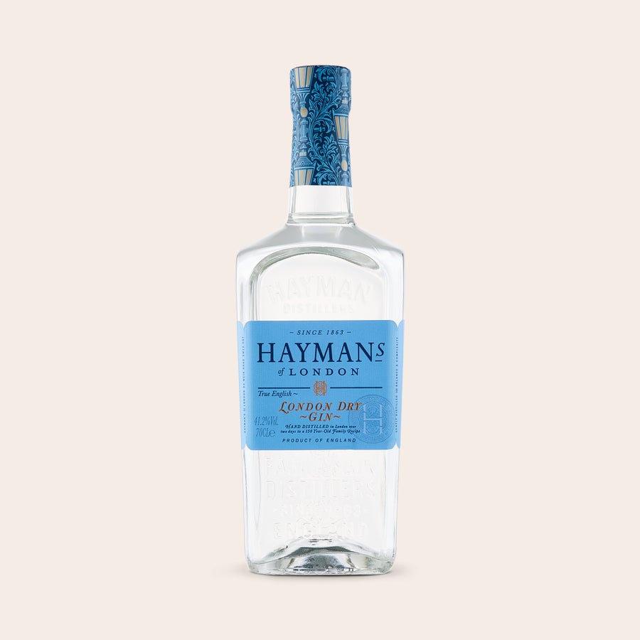 Ginebra Hayman's - Caja grabada Botella de ginebra Hayman's London Dry con etiqueta azul y detalles blancos, ideal para personalizar tu ginebra Hayman's en caja grabada.