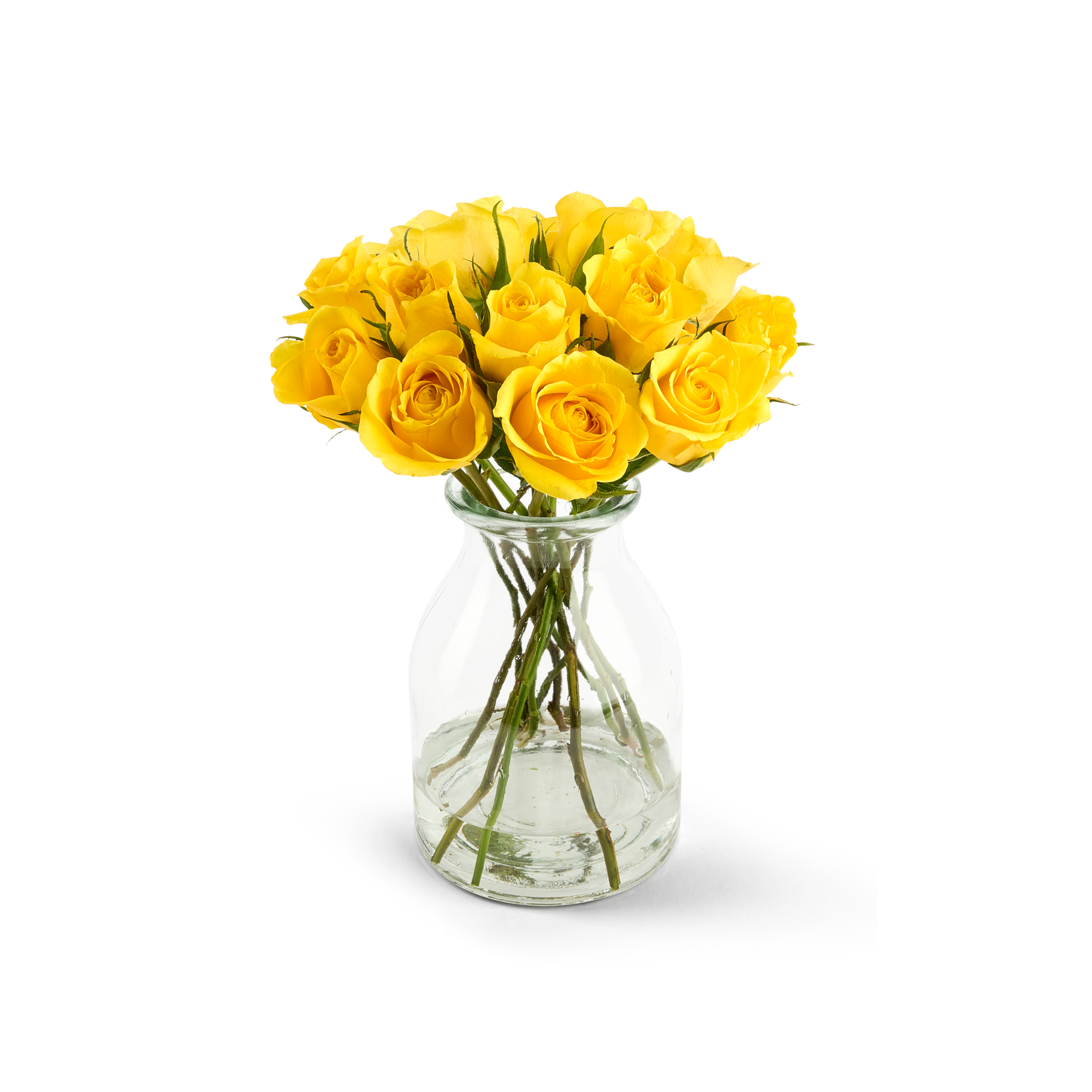 Een boeket gele rozen in een glazen vaas. Brievenbusbloemen met persoonlijke kaart - Gele rozen zijn perfect te personaliseren met een eigen tekst op de kaart.