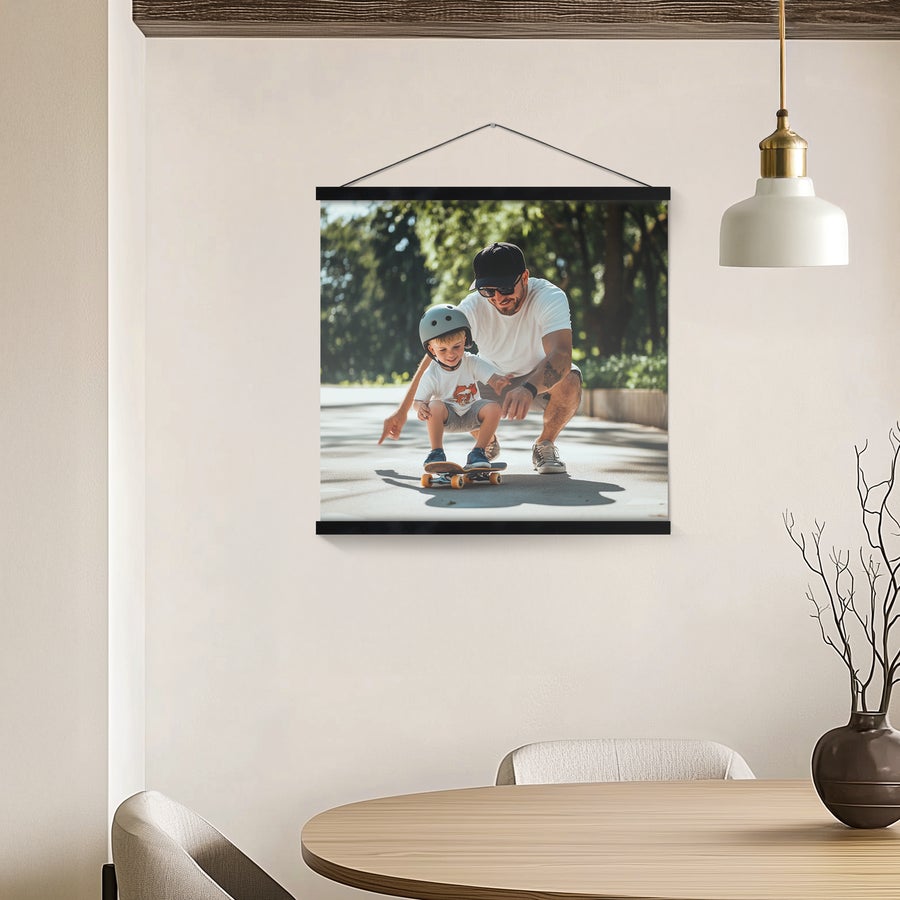 Personalised poster with hanger Personalized photo poster of a father and son skateboarding, printed on a magnetic poster hanger.