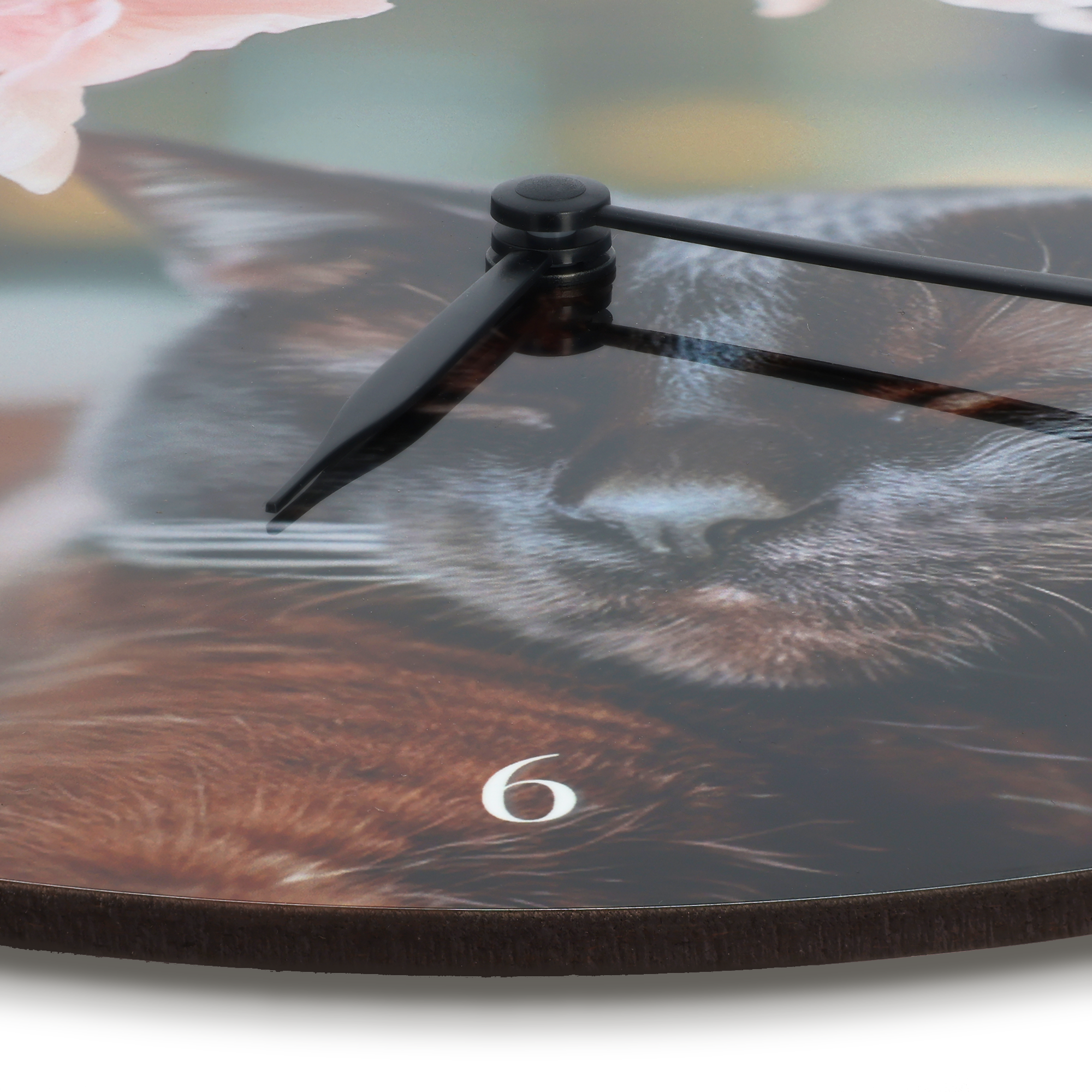 Relógio personalizado com foto de gato, design floral, e o número seis impresso