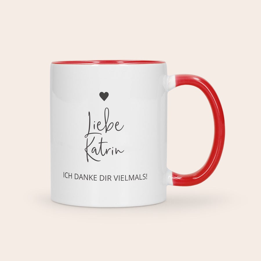 Farbige Tasse Bedrucken Weiße Tasse mit rotem Henkel und Innenleben, bedruckt mit dem Namen Katrin und "Ich danke dir vielmals!"