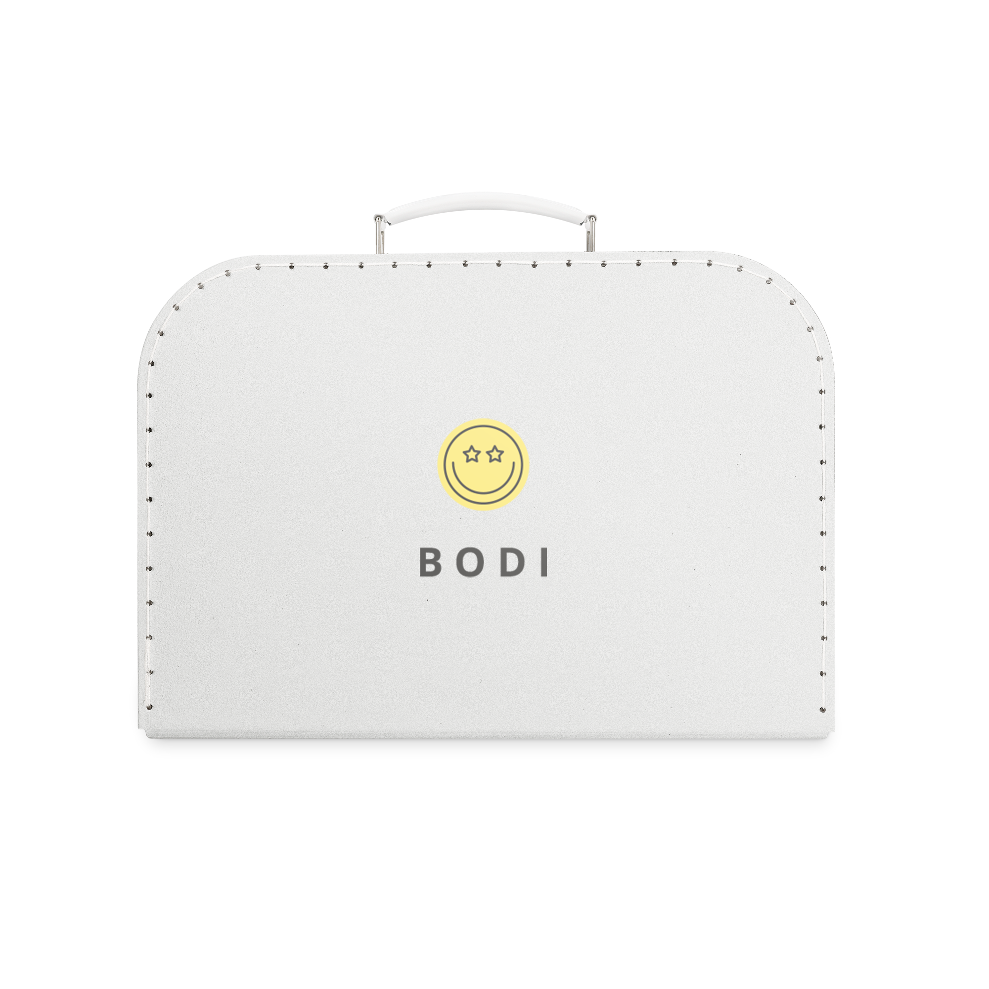 Personlig leksaksväska Grå Stor, med ett gult smileytryck och texten Bodi som kan anpassas.
