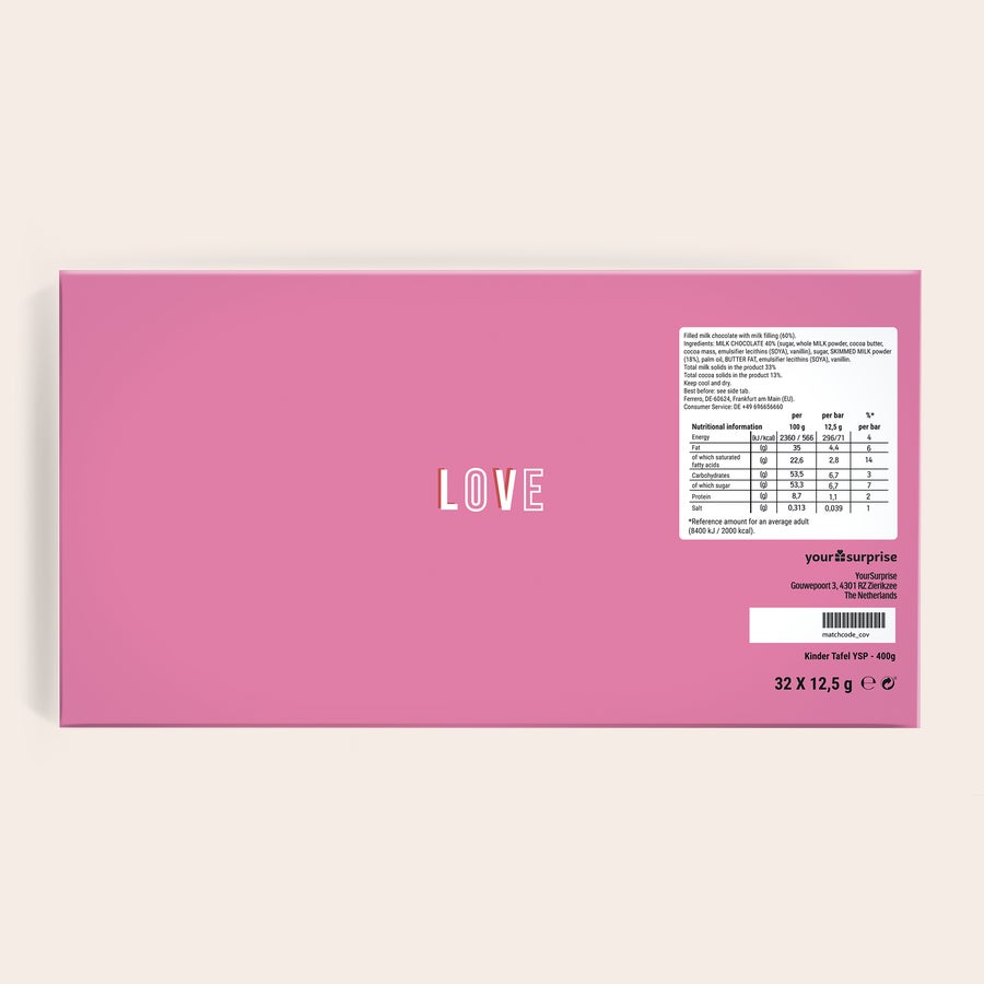 Personalizirana čokolada kinder Personalizirana čokoladna škatla Kinder v rožnati barvi z napisom LOVE, potiskana s sporočilom.