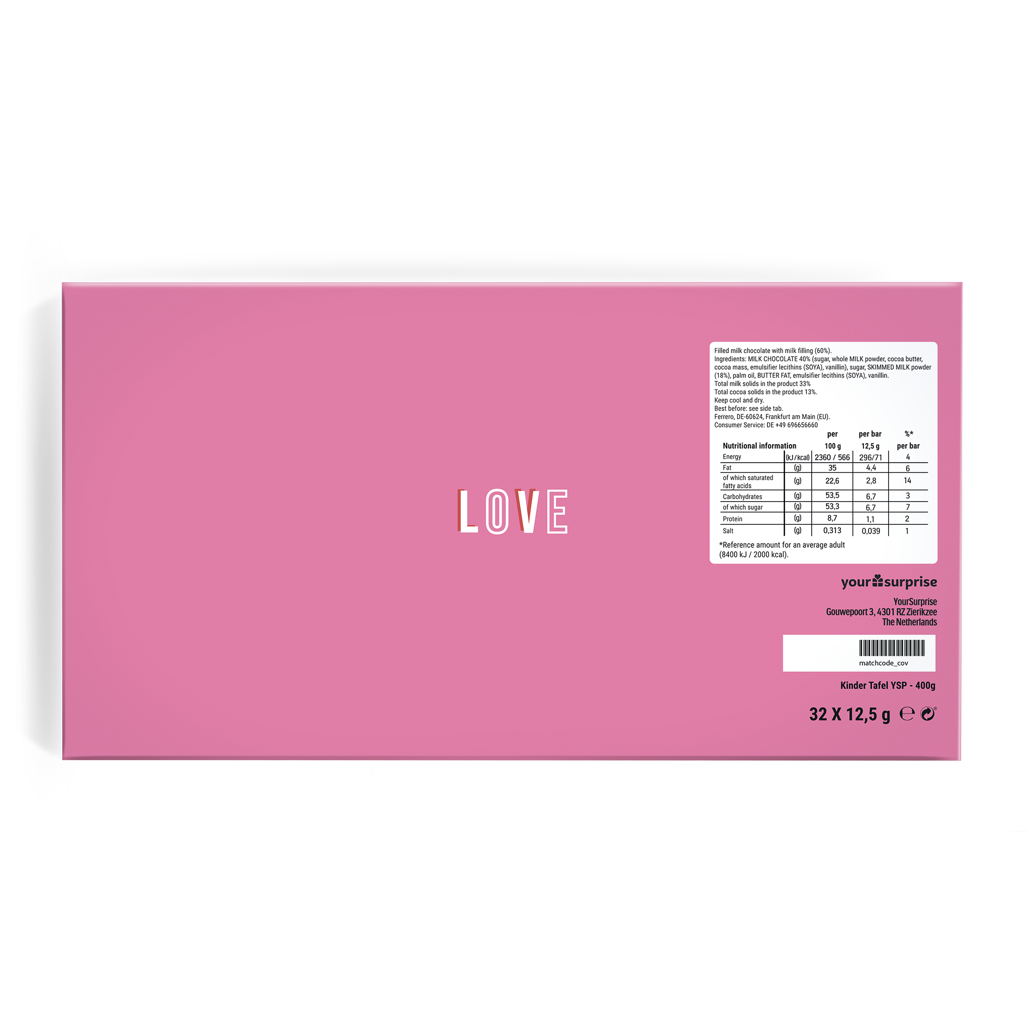 Personalizovaná krabička na čokoládu s nápisem "LOVE" potištěná na růžovém podkladu.