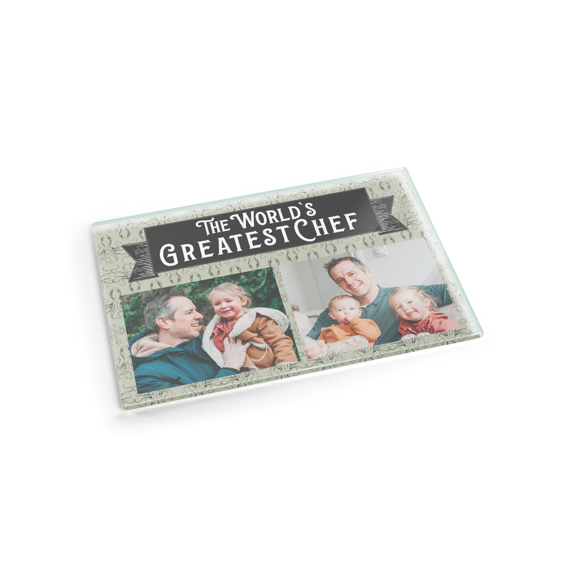 Personligt skærebræt i glas med foto af familie, "The World's Greatest Chef" tekst og tilpasset print