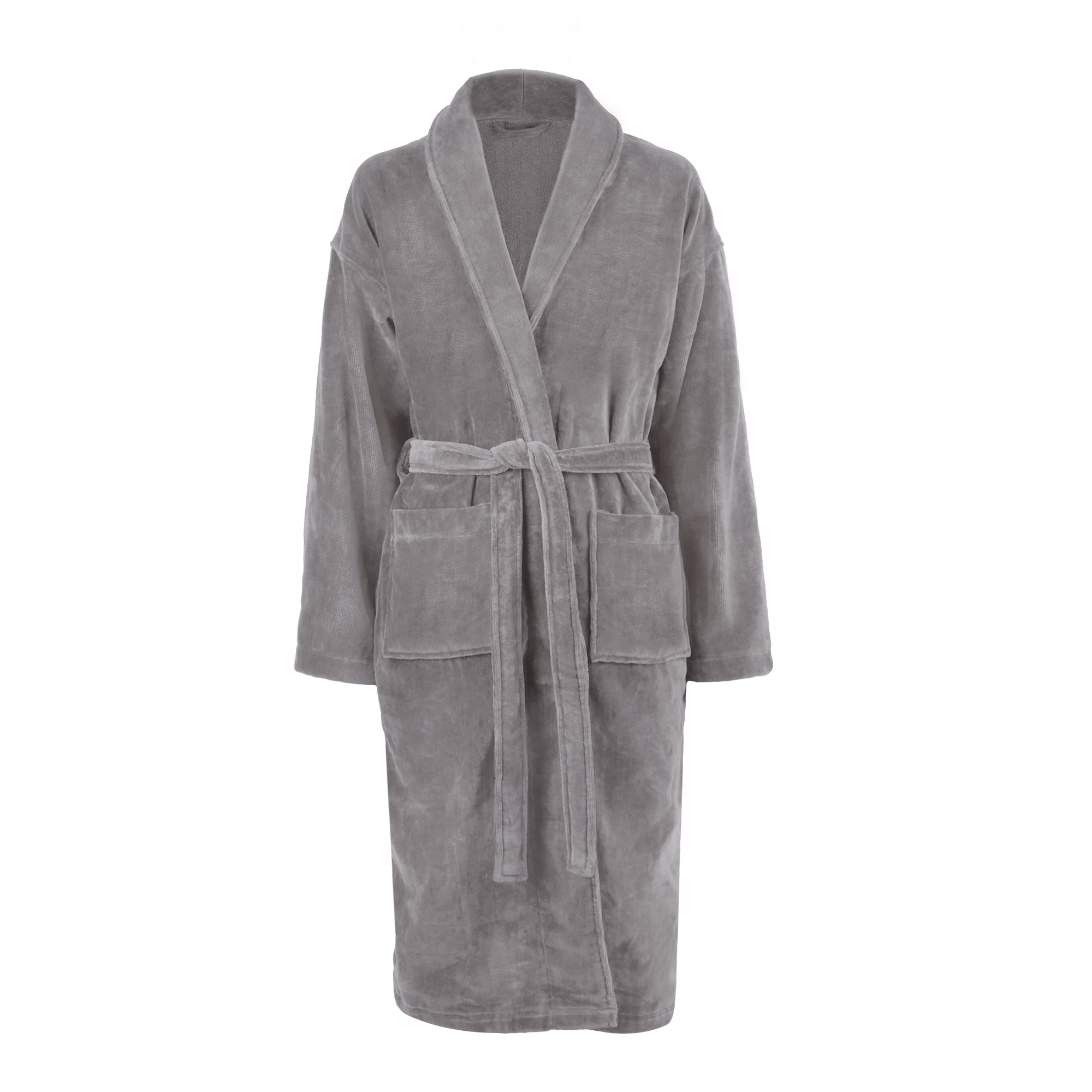 Grey L/XL Bathrobe for Men With Text custom embroidered with a name or message, featuring a tie belt and pockets.