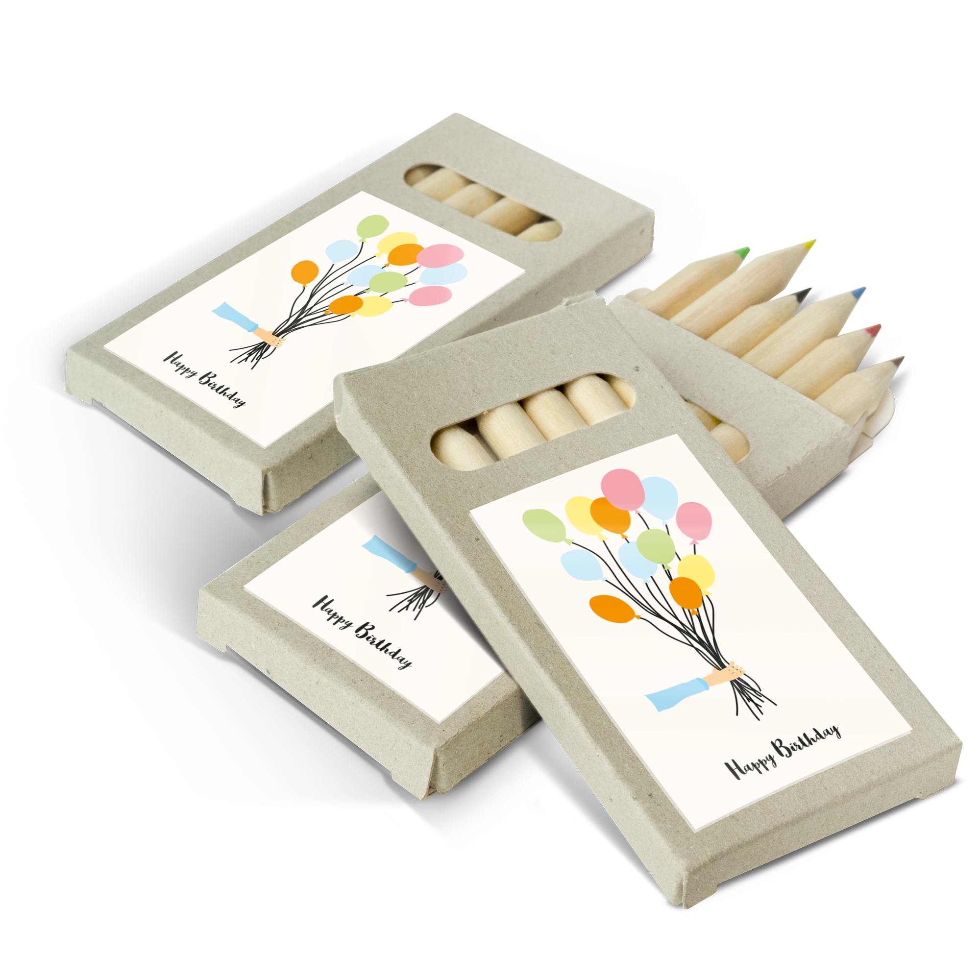 Seturi de creioane de colorat personalizate, cu o cutie de carton gri, imprimate cu un buchet de baloane colorate și textul Happy Birthday, vizibile fiind 6 creioane colorate.