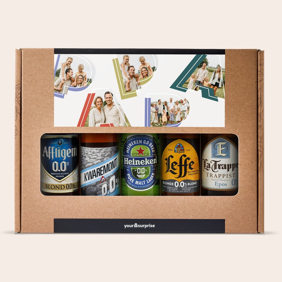 Personliga Öl presentset Personligt alkoholfritt ölset i kartong med flera egna foton tryckta på locket och fem olika ölflaskor i förpackningen.