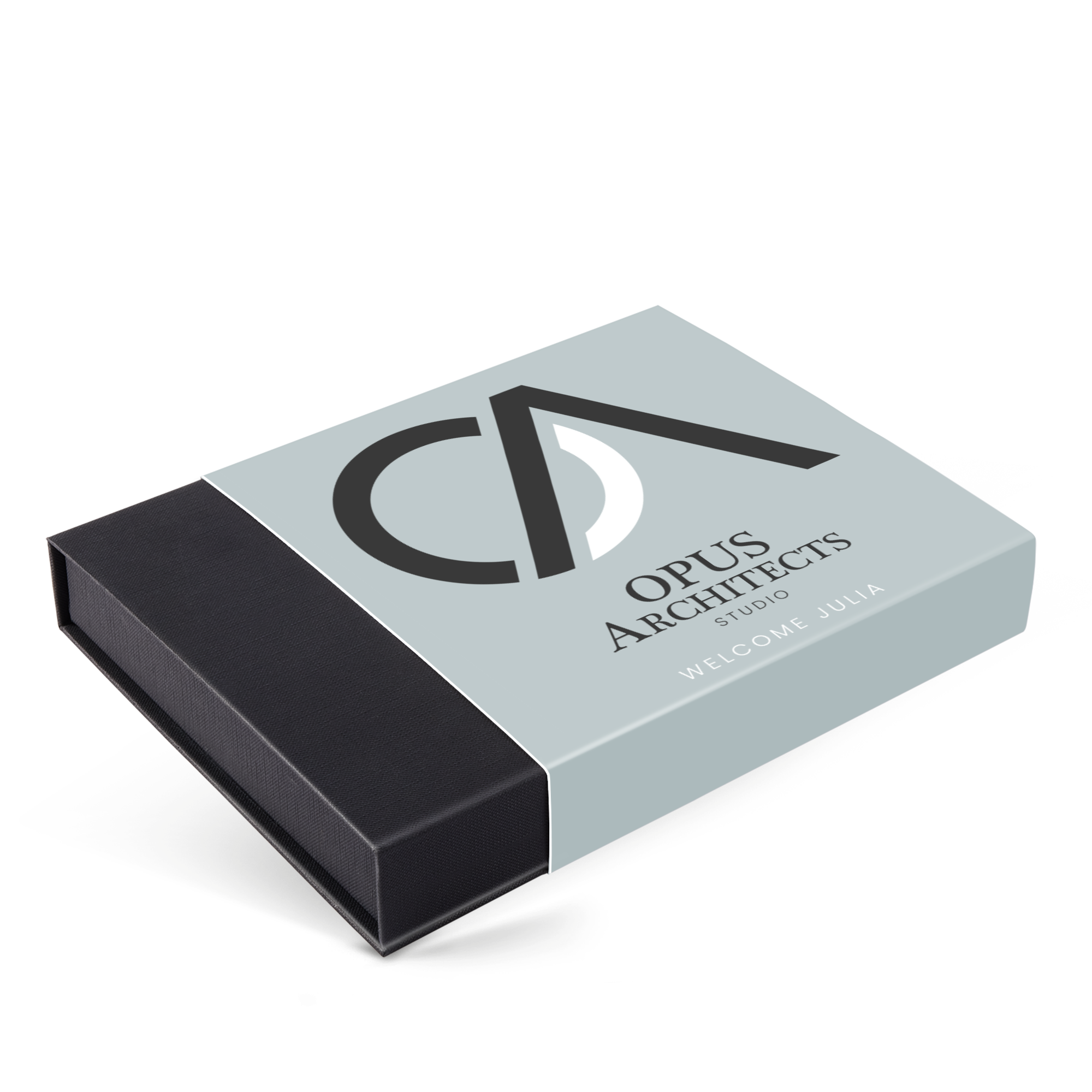 Personalised Christmas chocolates in a grey box, printed with a black logo, company name, and "Welcome Julia" text.