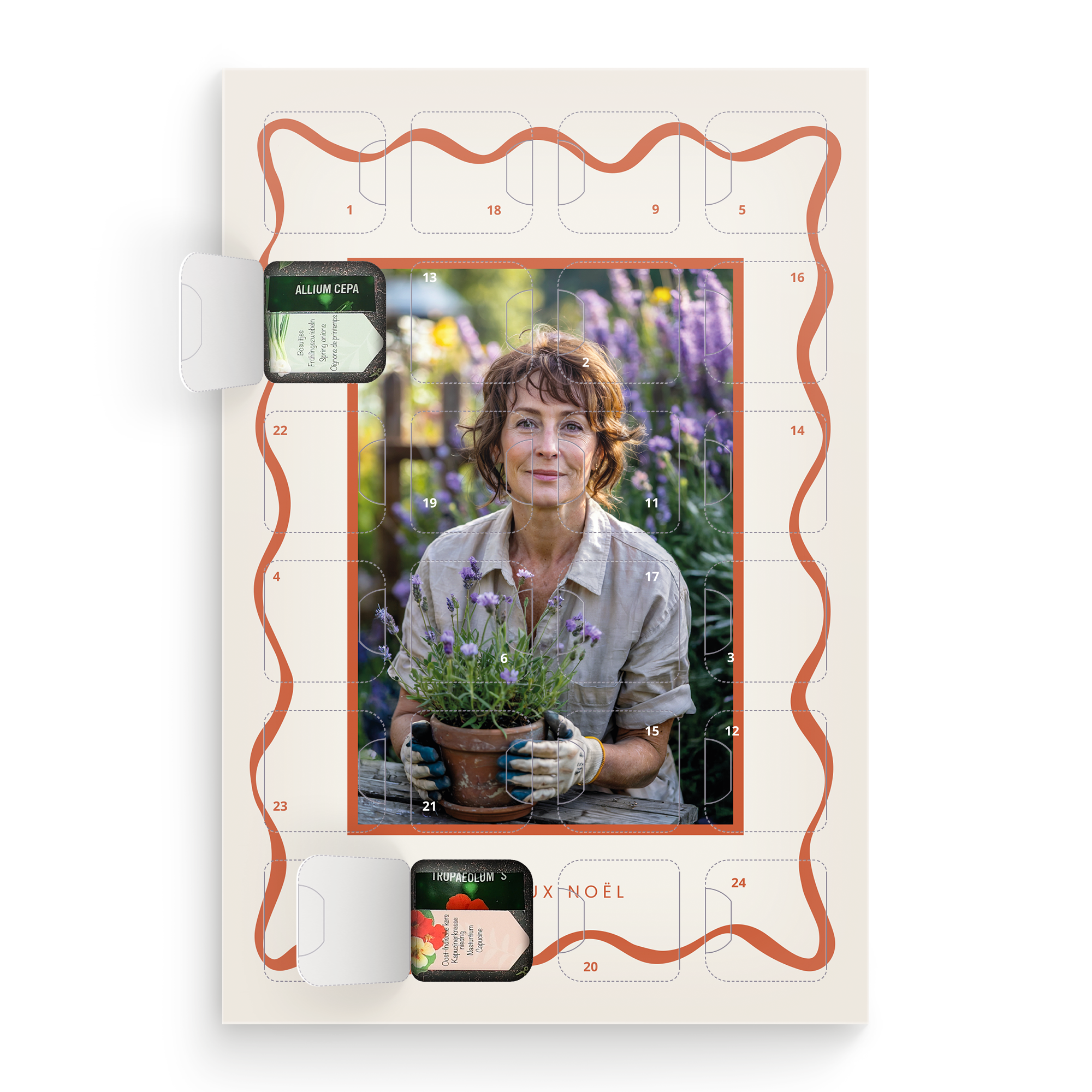 Calendrier de l'Avent personnalisé avec photo d'une femme jardinant et des graines. Un compte à rebours naturel jusqu'à Noël.