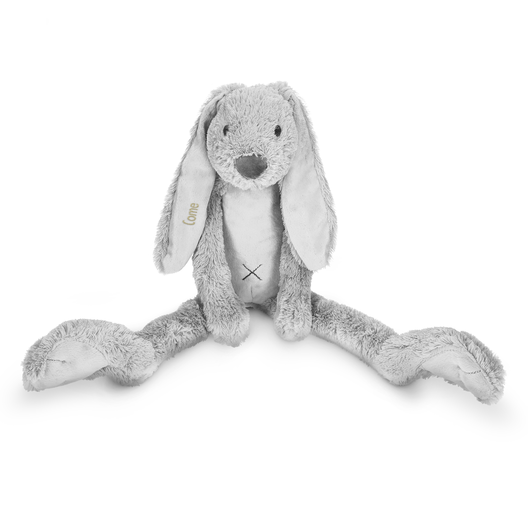 Doudou lapin tout doux gris personnalisé avec le prénom "Come" brodé sur l'oreille pour des câlins.