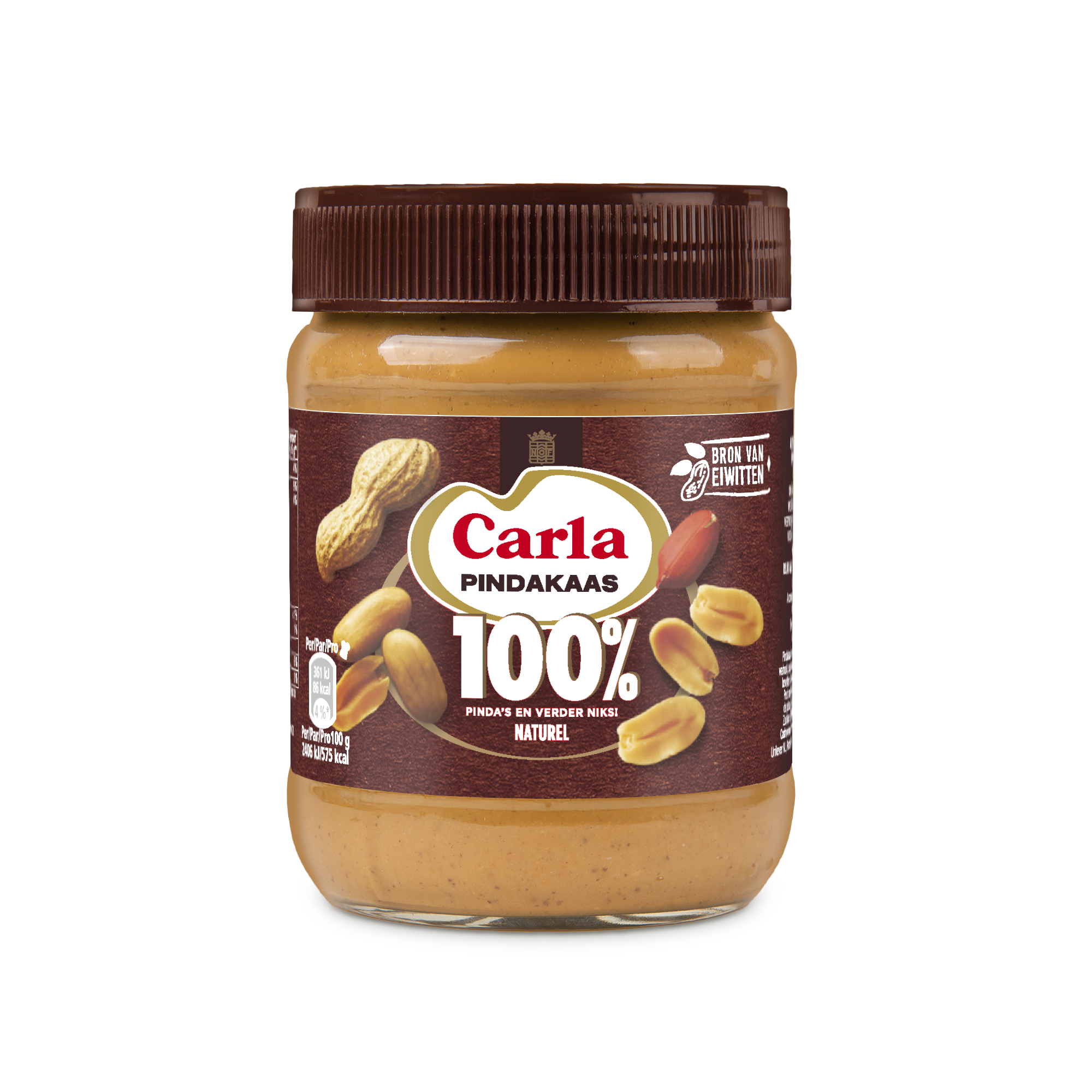 Pot Calvé 100% pindakaas met gepersonaliseerd etiket met de naam 'Carla' en noten.