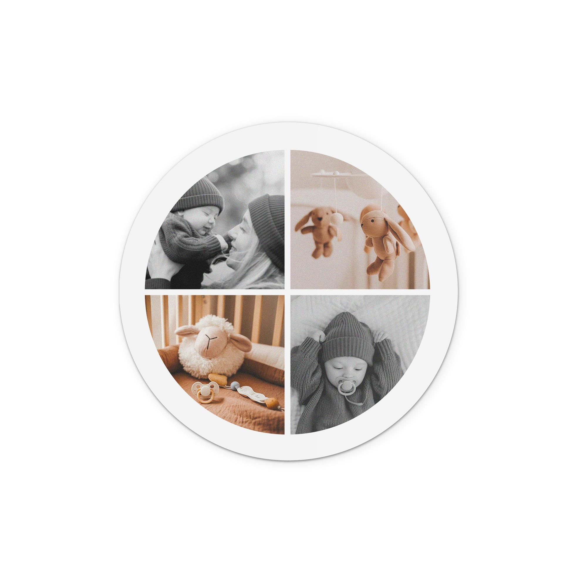 Rundes Wandbild aus Holz, bedruckt mit vier personalisierten Fotos von einem Baby und dessen Mutter, zur Wanddekoration.