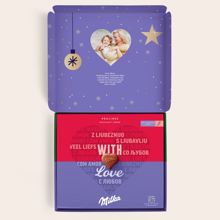 Milka Pralinky Vánoce Otevřená osobní dárková krabička Milka s potiskem vánoční fotky maminky s dítětem a vzkazem