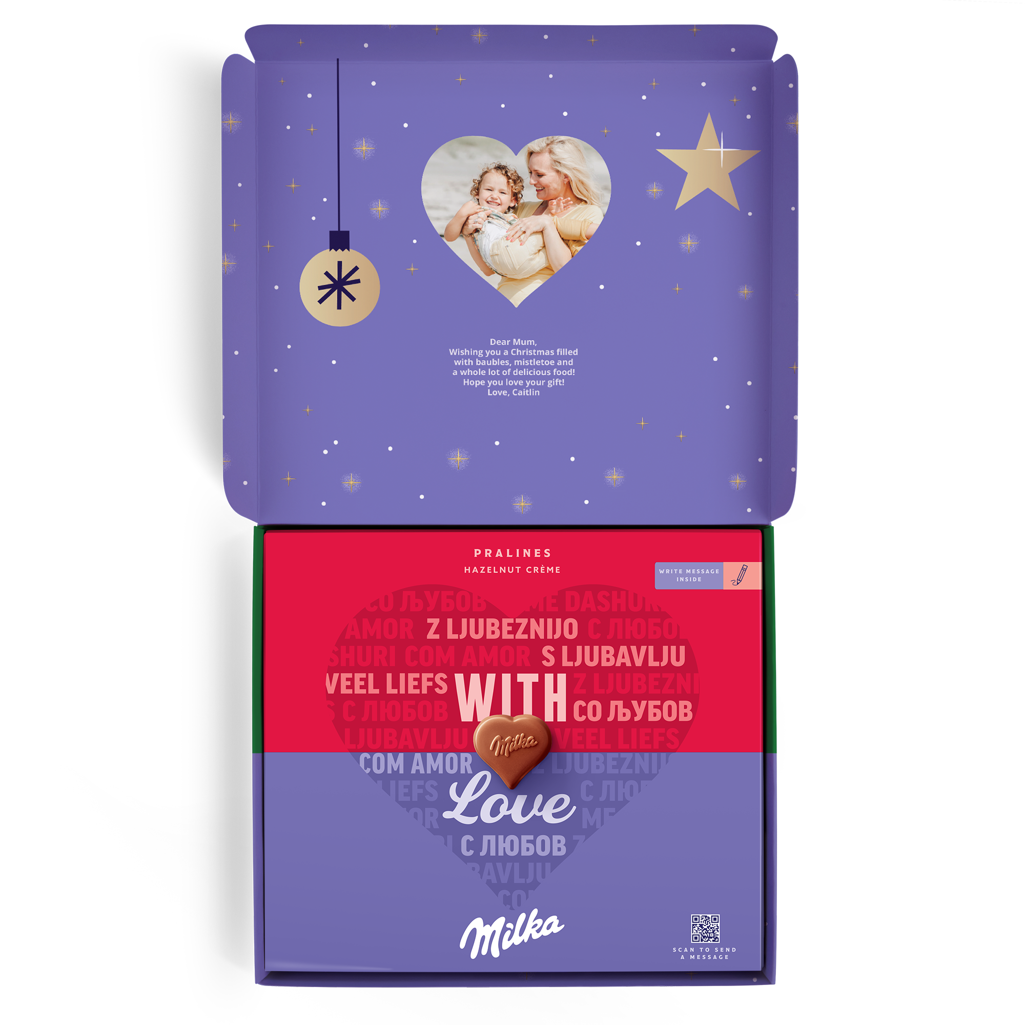 Una confezione regalo personalizzata con stampa Say it with Milka per le festività natalizie, con foto di mamma e figlia e un messaggio personalizzato