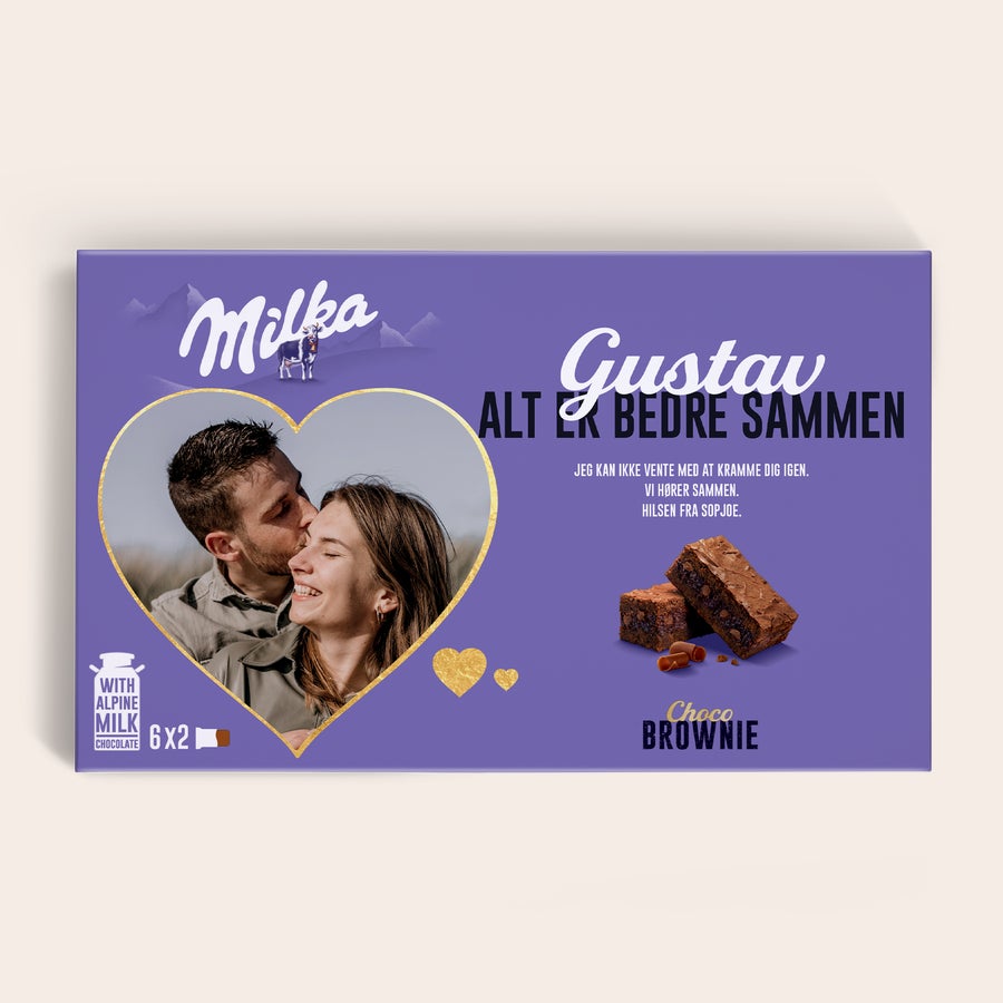 Milka Choco Brownie gaveæske Milka Choco Brownie gaveæske med personligt billede, navn og hilsen trykt på låget
