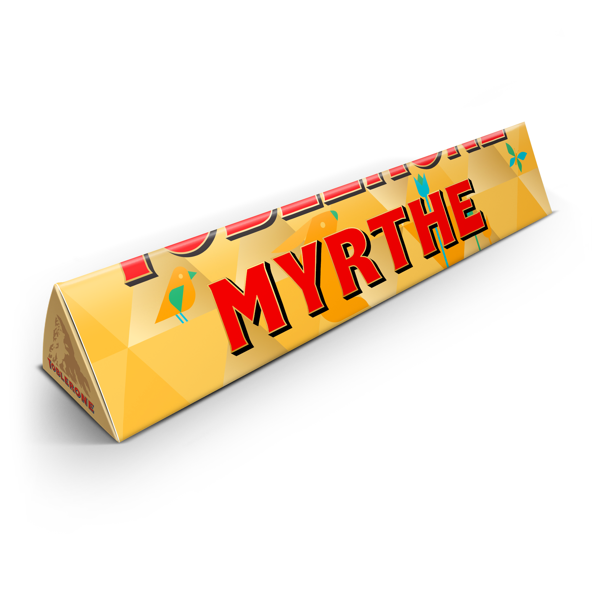 Gepersonaliseerde Toblerone chocoladereep met de tekst MYRTHE, geprint op de wikkel.