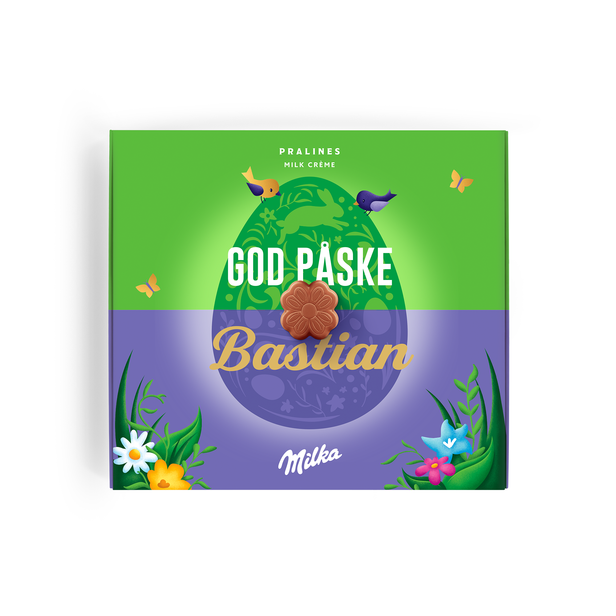 Personlig Sig det med Milka chokolade gaveæske med "God Påske Bastian" printet påskemotiv med et Milka praline i midten