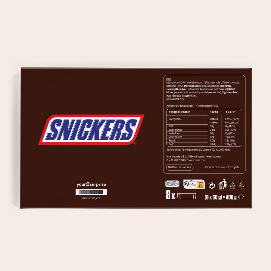 Snickers presentförpackning Brun personlig Snickers presentförpackning med Snickers logotyp. Förpackningen är tryckt med produktinformation och har en anpassningsbar framsida.