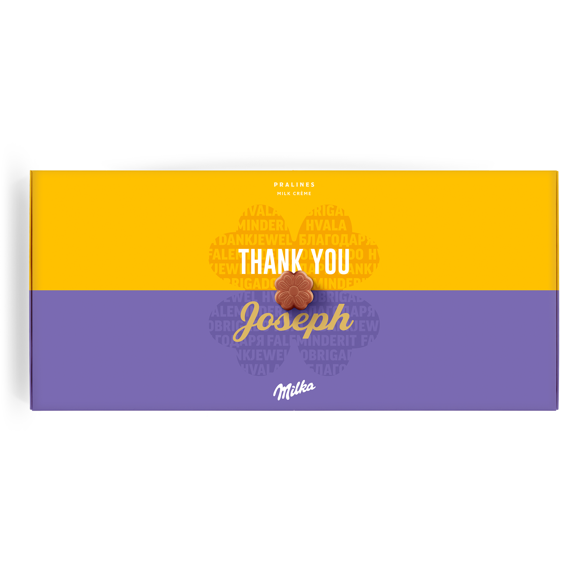 Personalizovaná Milka bonboniéra s nápisom Thank You a menom Joseph, potlačená čokoládovými kvetinkami