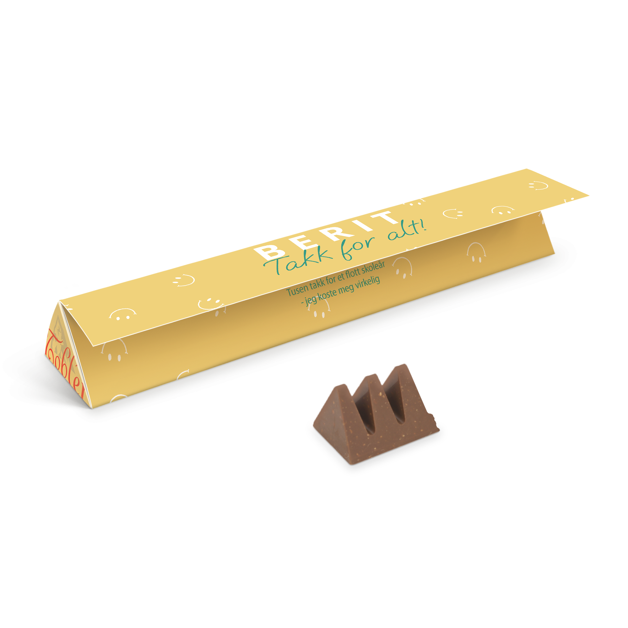 En personlig Toblerone sjokoladebar med trykt navn BERIT, teksten Takk for alt og en takkehilsen