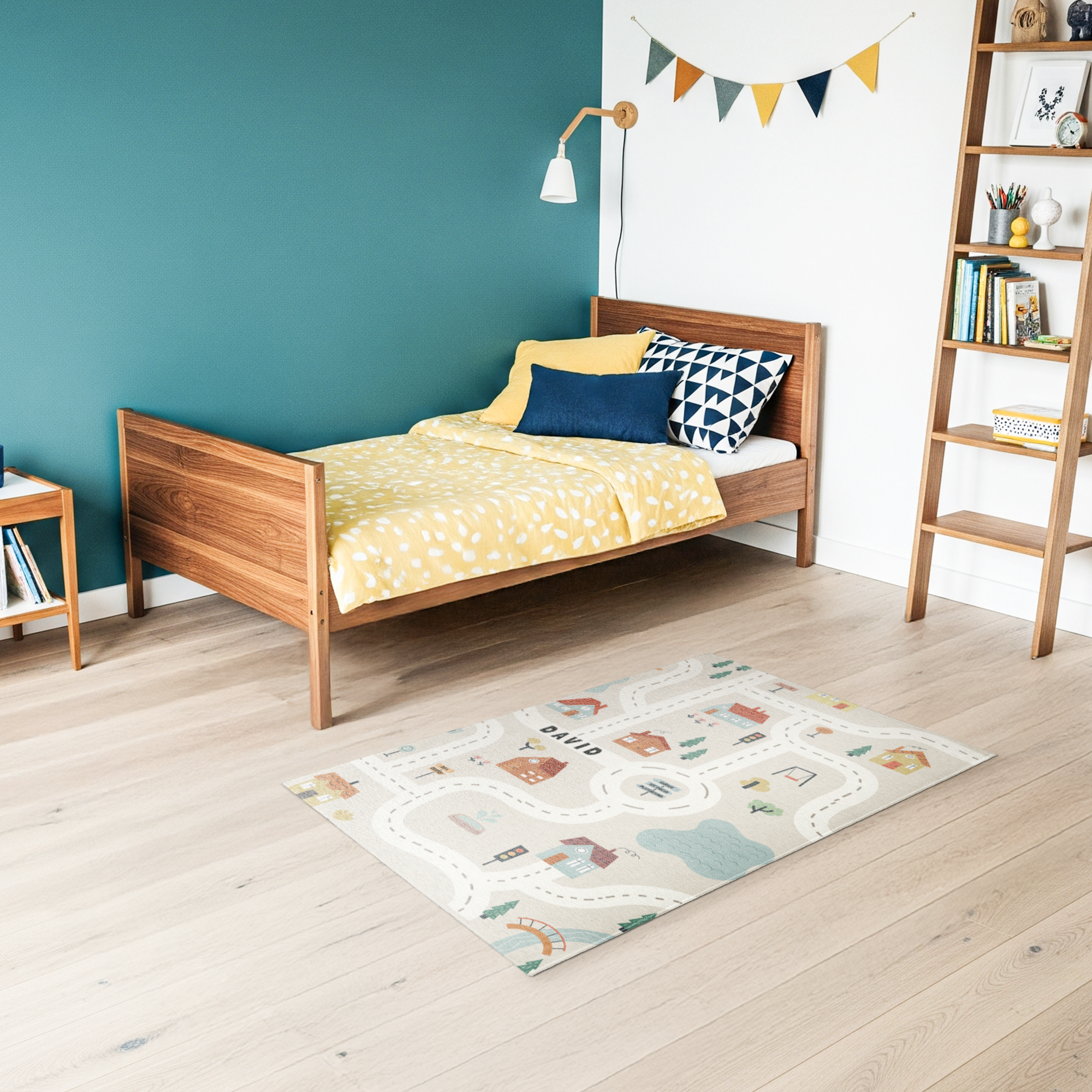 Gepersonaliseerd speelkleed - 75 x 122 cm met wegen, huisjes en de naam David, perfect voor urenlang speelplezier.