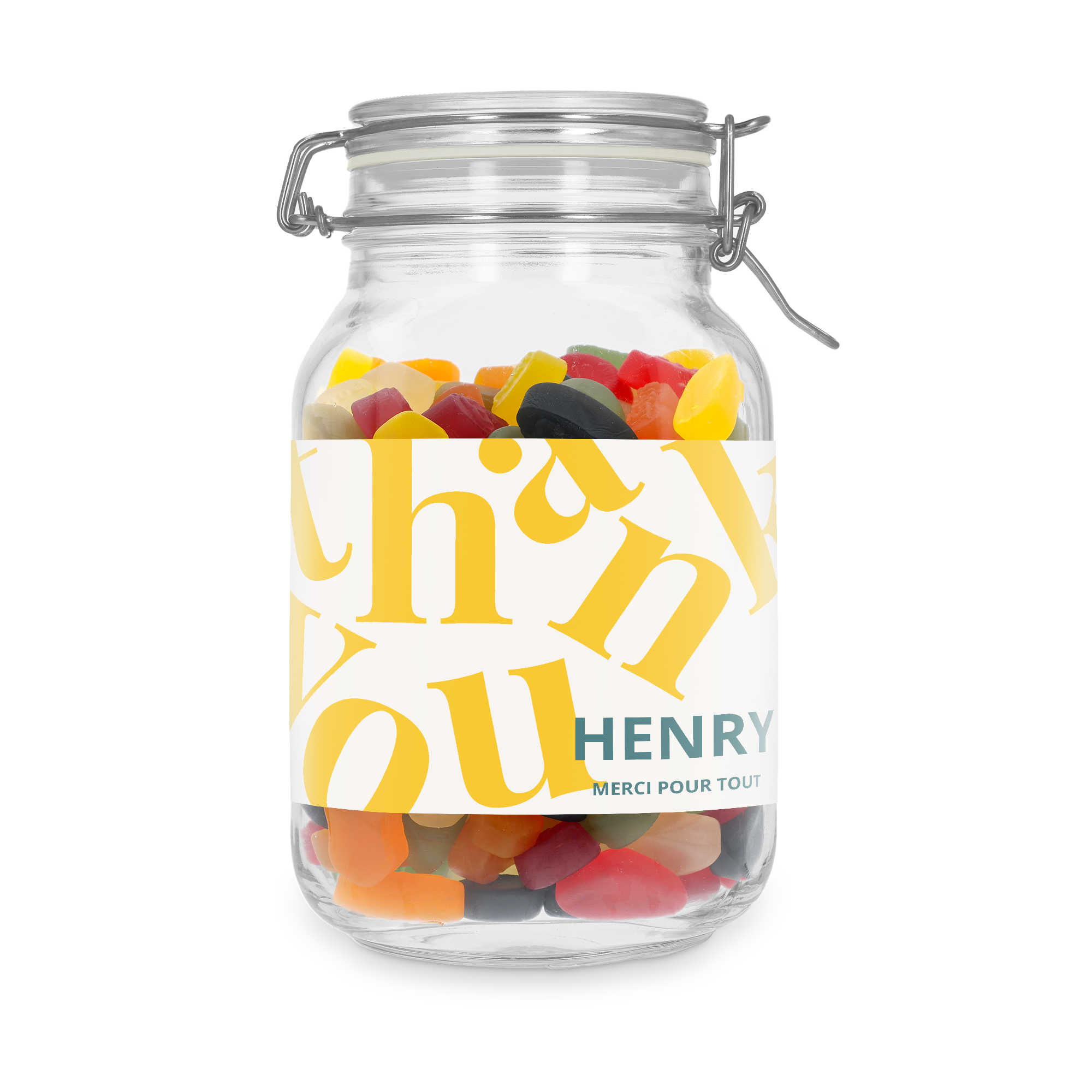 Bocal à bonbons personnalisé avec winegums, étiquette imprimée "thank you Henry merci pour tout"