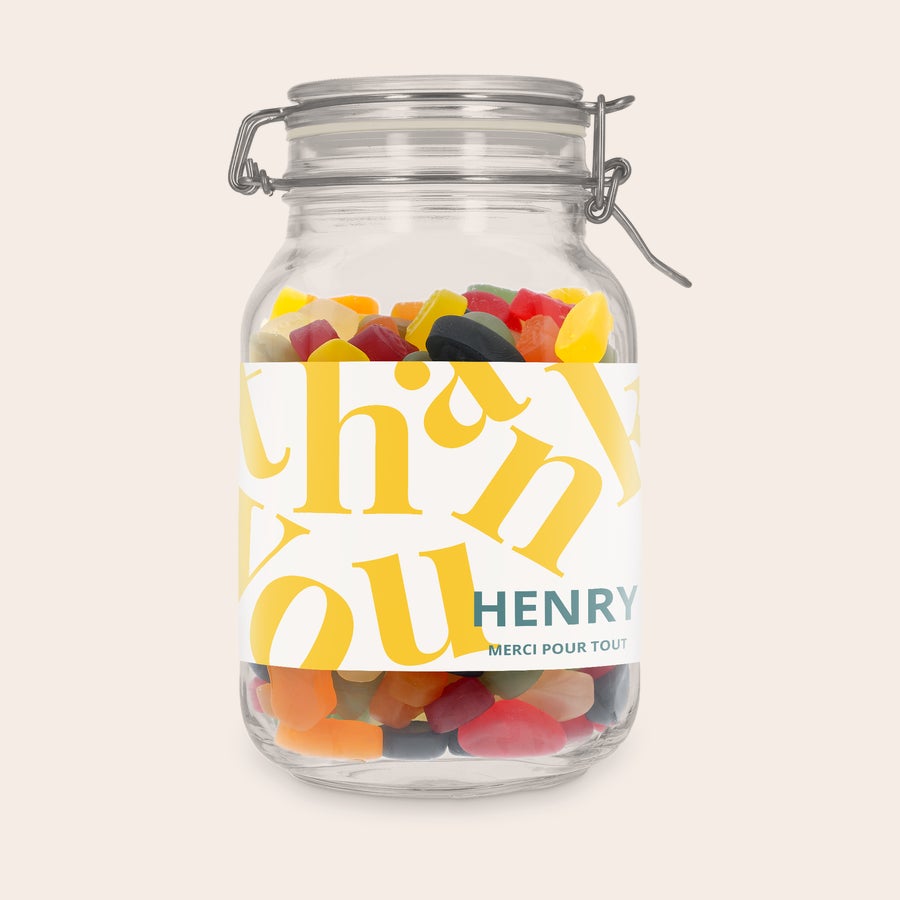 Bocal à bonbons personnalisé Bocal à bonbons personnalisé avec winegums, étiquette imprimée "thank you Henry merci pour tout"