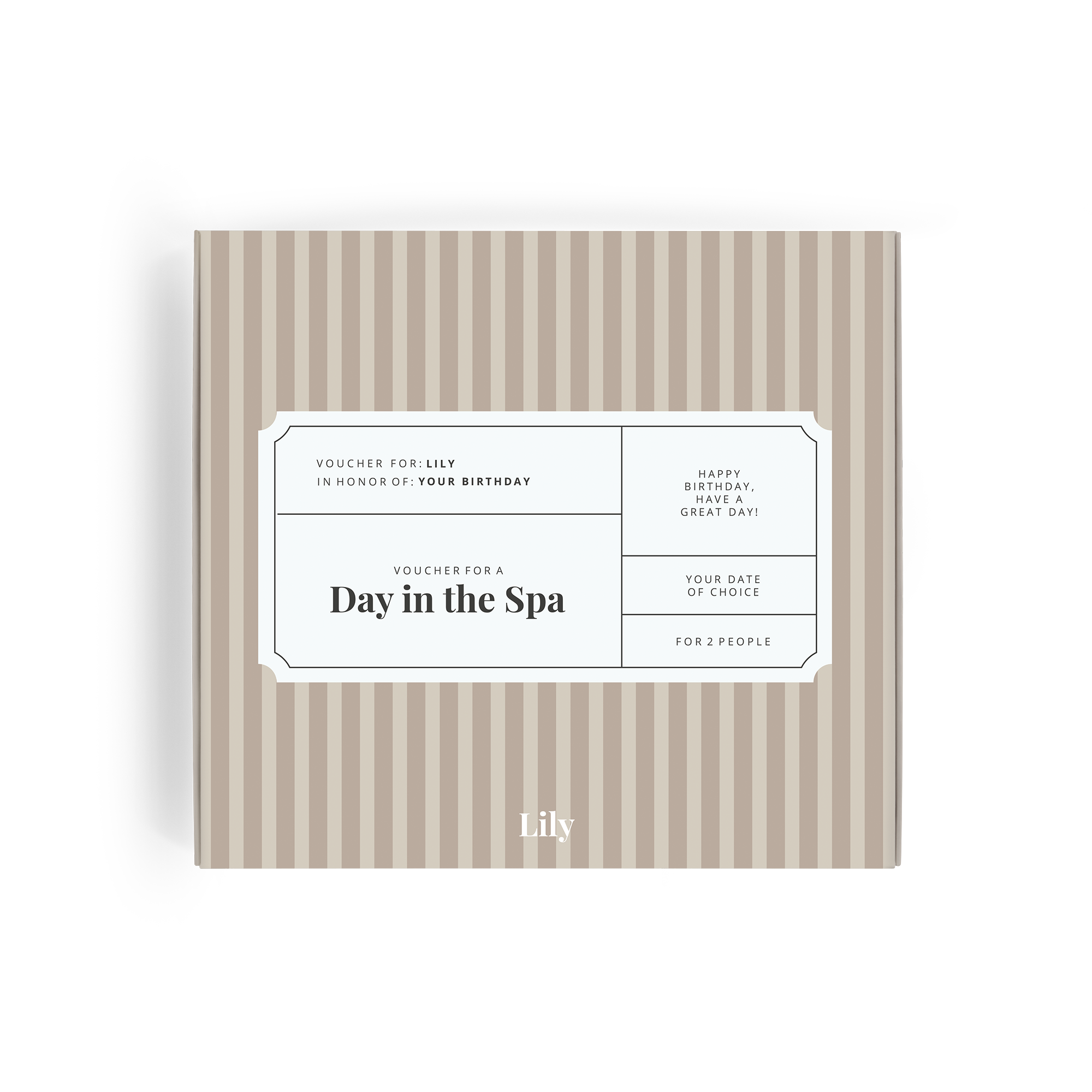 A personalized gift voucher for a spa day with the name Lily printed on a striped background.