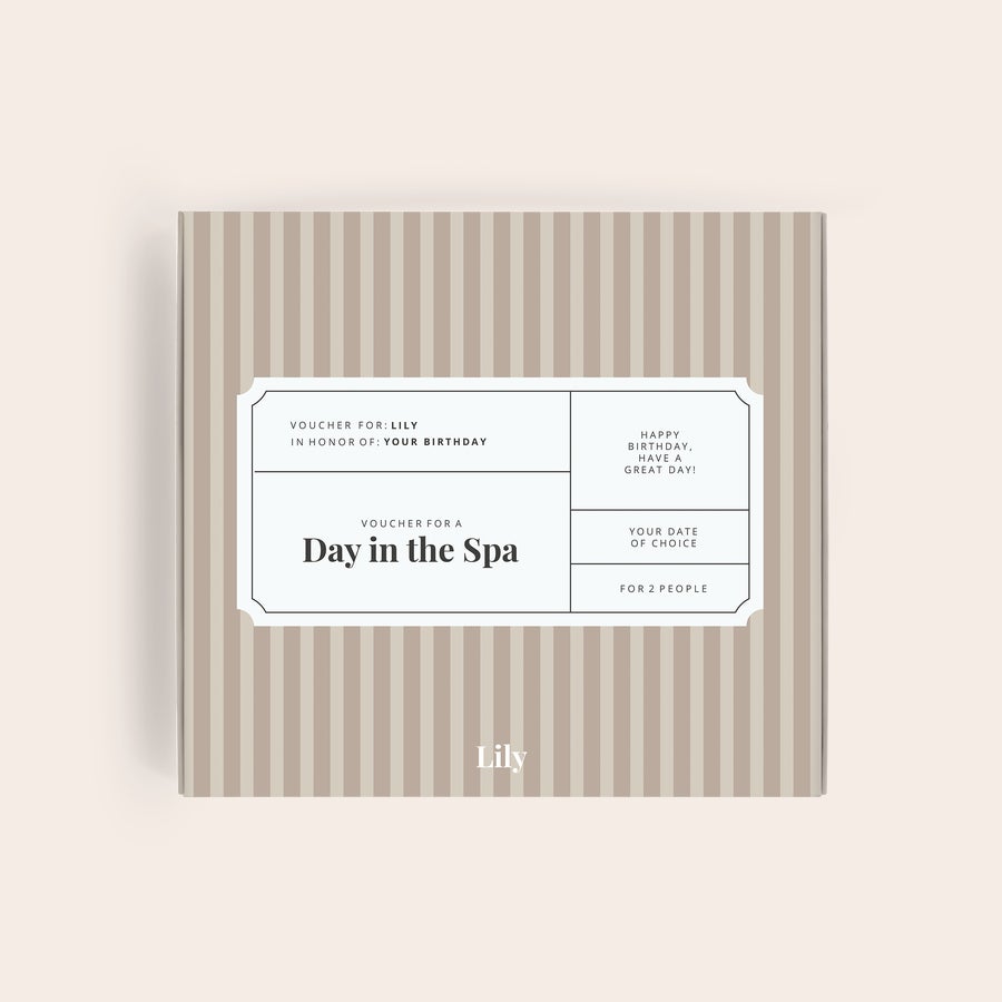 Milka Pralines Birthday A personalized gift voucher for a spa day with the name Lily printed on a striped background.