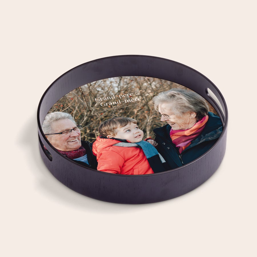 Plateau rond personnalisé Plateau rond personnalisé avec photo de grand-parents et un enfant imprimée grand-père et grand-mère