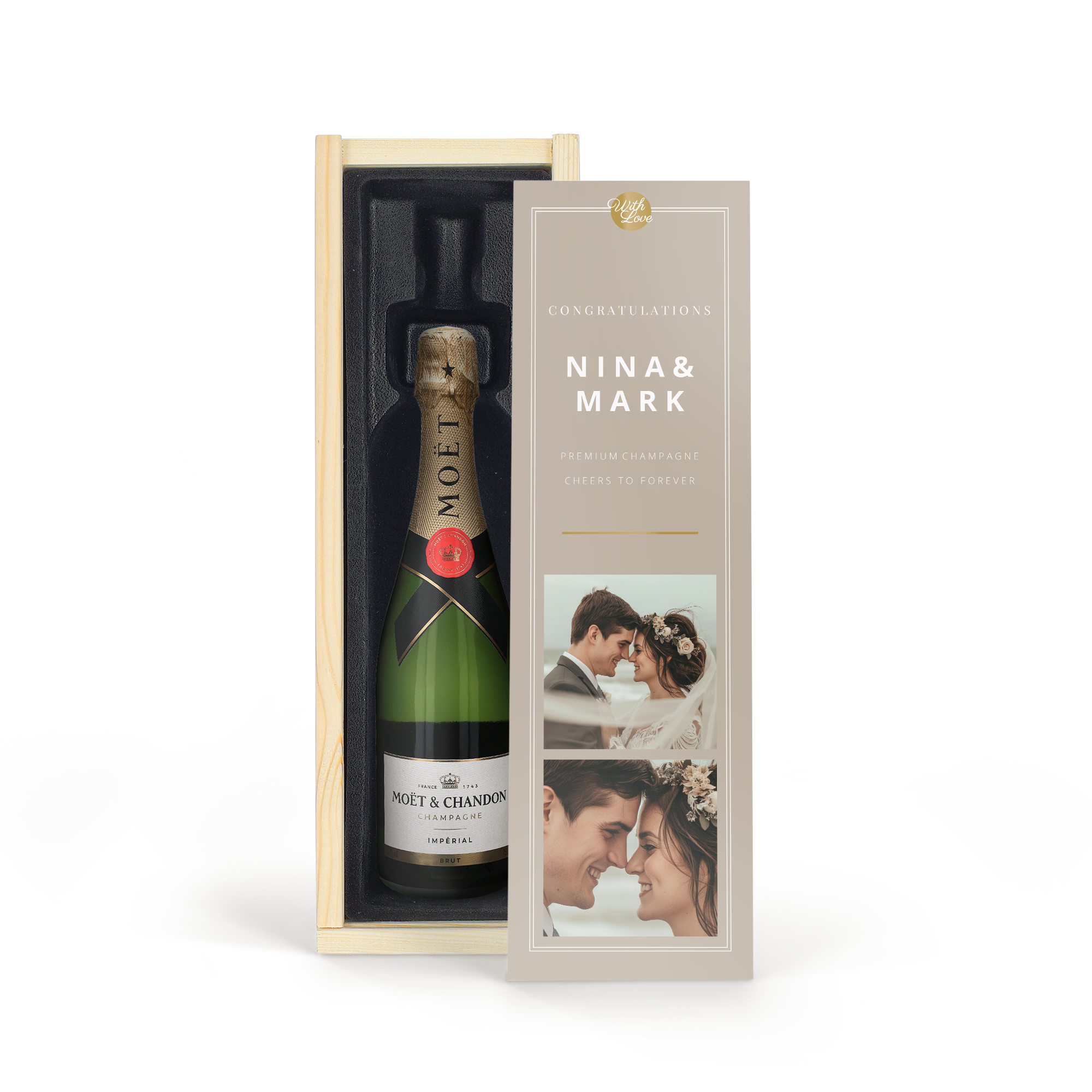 Moët & Chandon champagne bottle in a wooden case with an engraved lid for a personalized gift