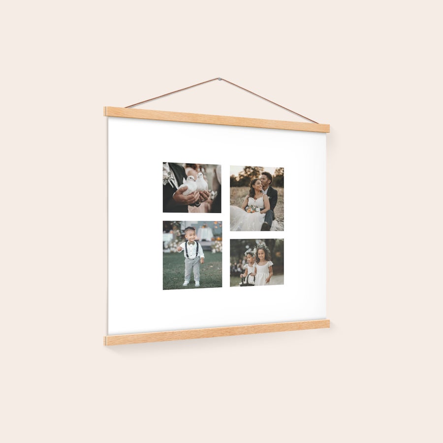 Poster  Personalizzato con Cornice da Appendere Poster da parete personalizzato con quattro foto di eventi speciali, stampato su carta fotografica e appeso con cornici in legno di quercia
