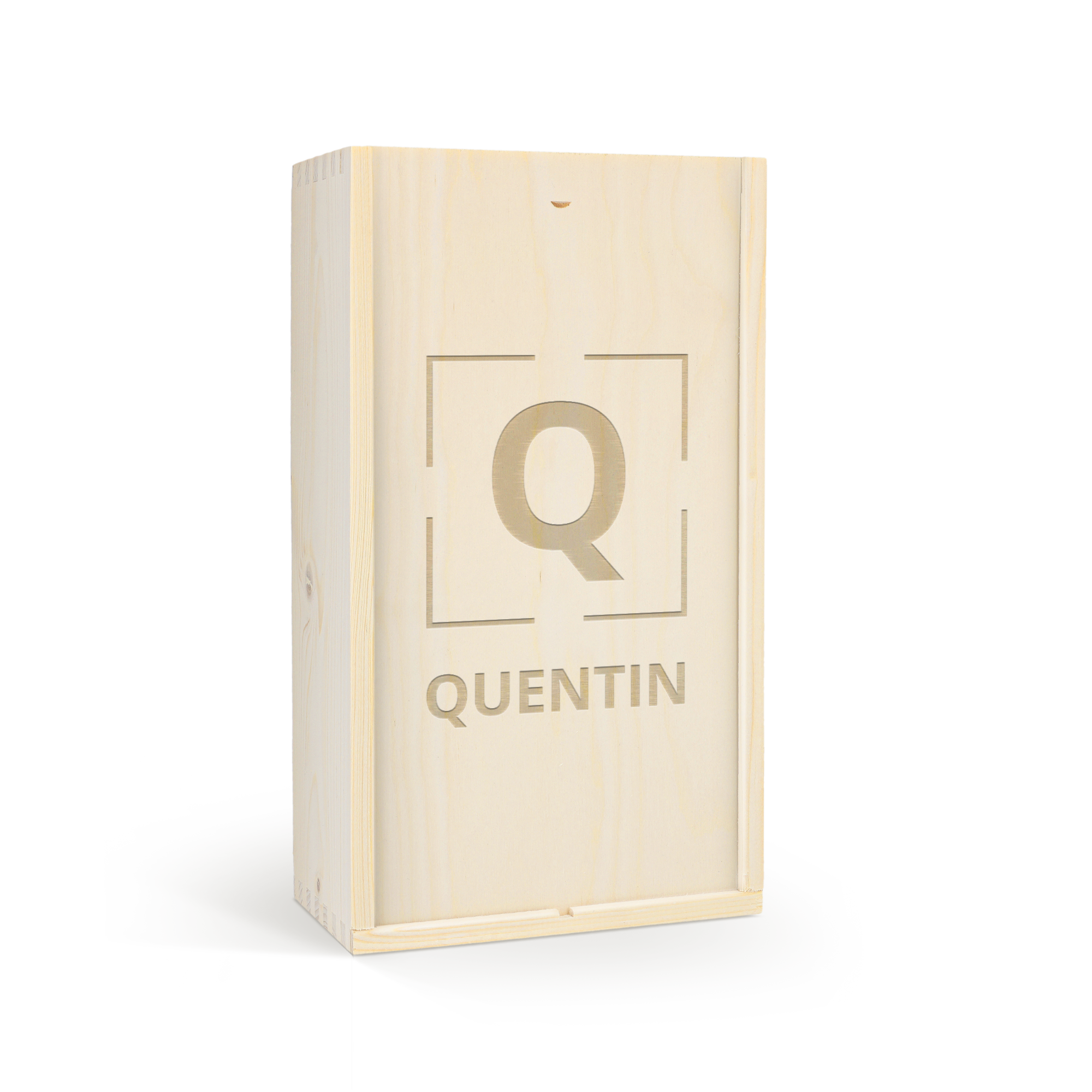 Caisse à vin de luxe personnalisée en bois clair avec linitiale Q et le nom Quentin gravés sur le couvercle