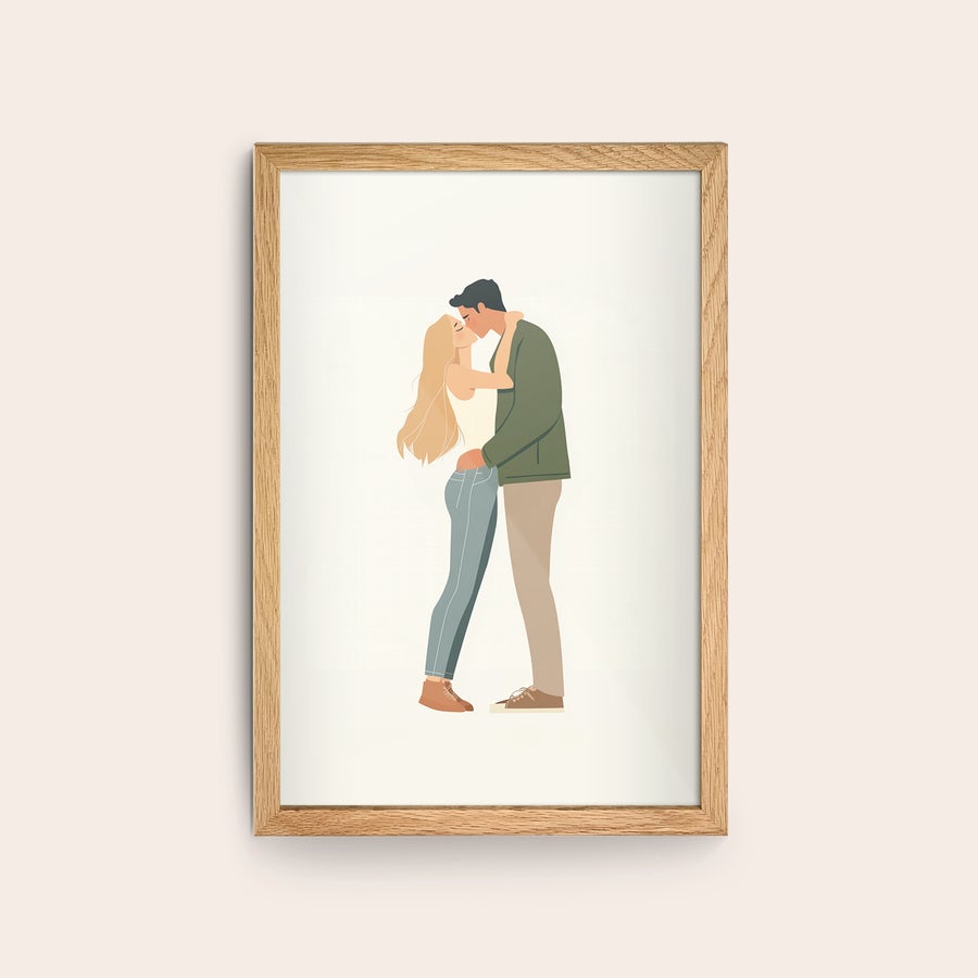 Personalised photo print with frame Personalized photo print with a young couple kissing, framed in a light brown wooden frame