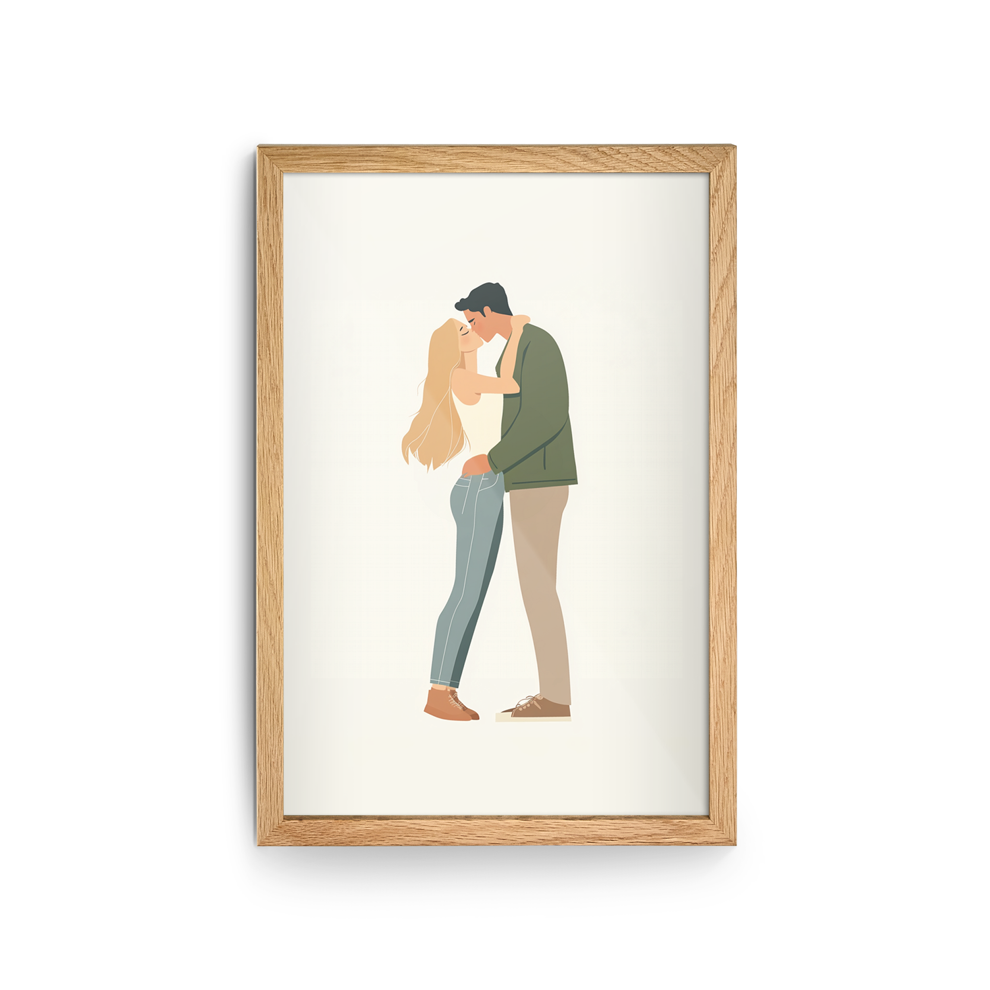 Personlig affisch i träram med illustration av ett kyssande par, tryckt med ett vackert fotoögonblick