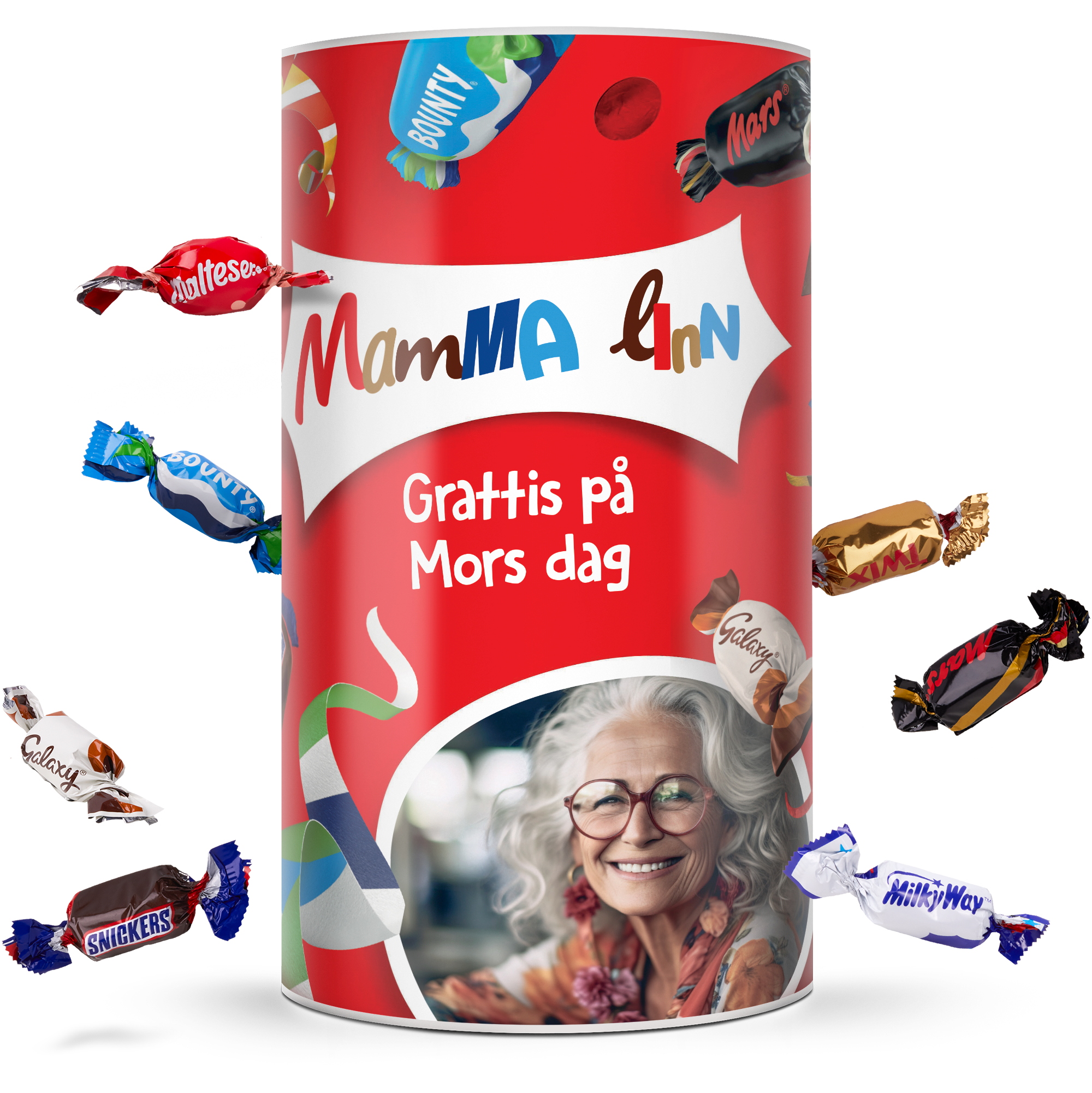 Personligt Celebrations-rör med tryckt foto av en kvinna och texten "Mamma Linn Grattis på Mors dag", fyllt med olika chokladpraliner.