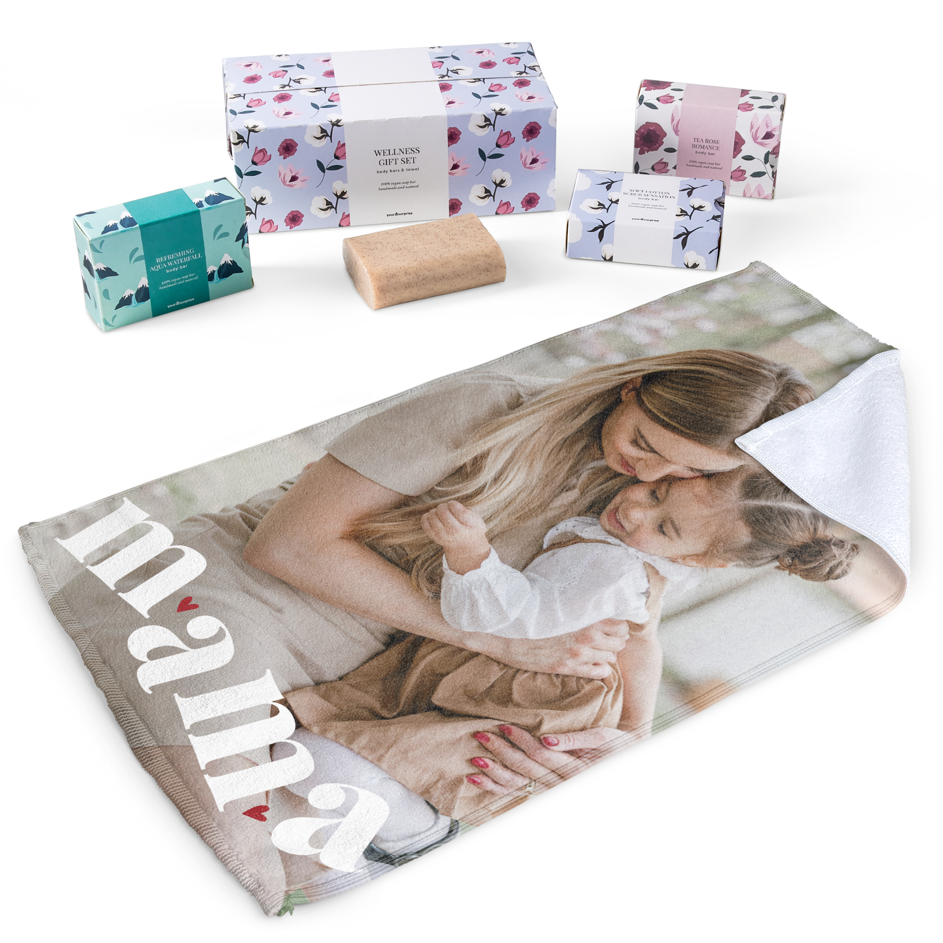 Geschenkset mit Seife und bedrucktem Handtuch