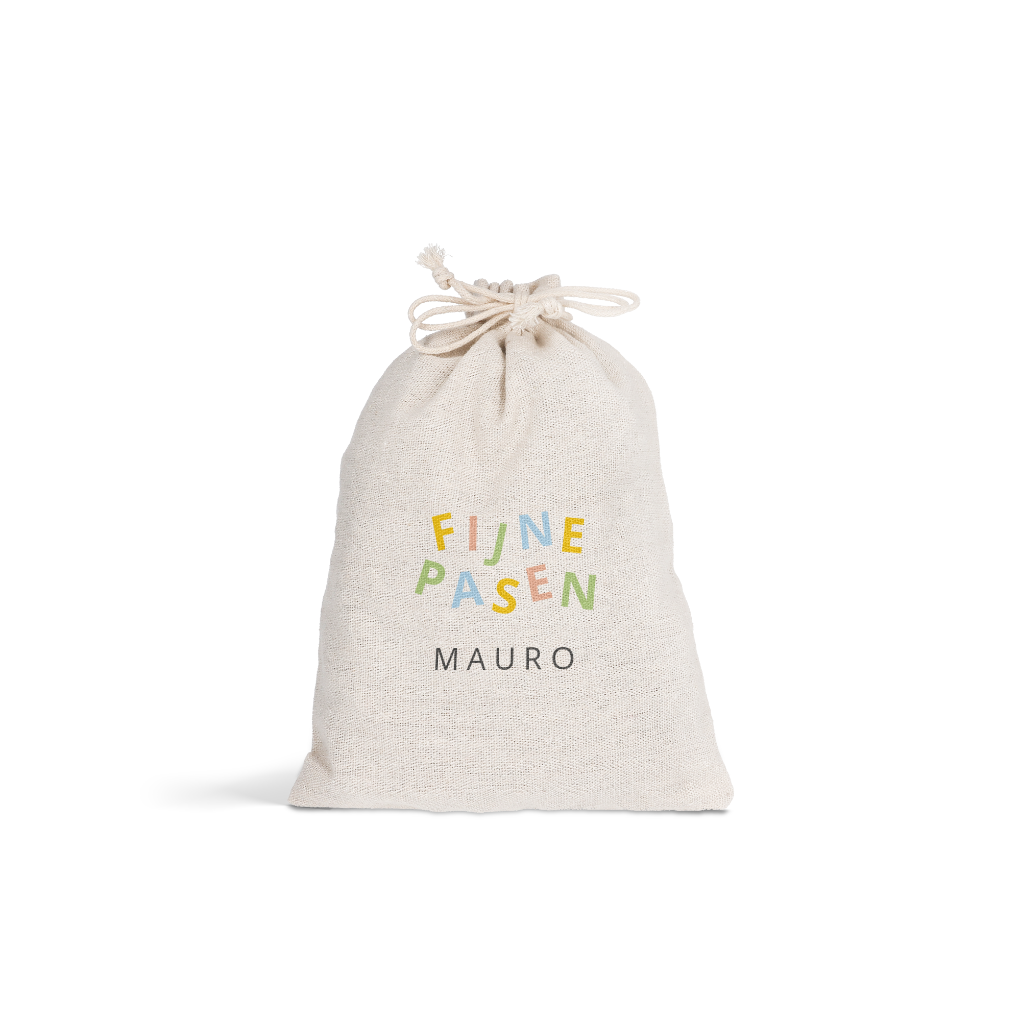 Gepersonaliseerd katoenen zakje met “Fijne Pasen” in kleurrijke letters en de naam Mauro, bedrukt voor Pasen.