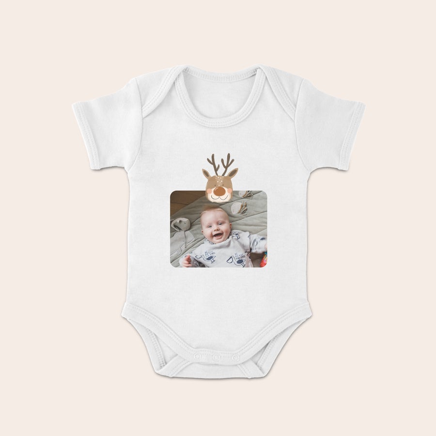 Primul body de Crăciun al bebelușului Salopetă albă de bebeluș personalizată cu o fotografie și grafică de ren pentru primul Crăciun