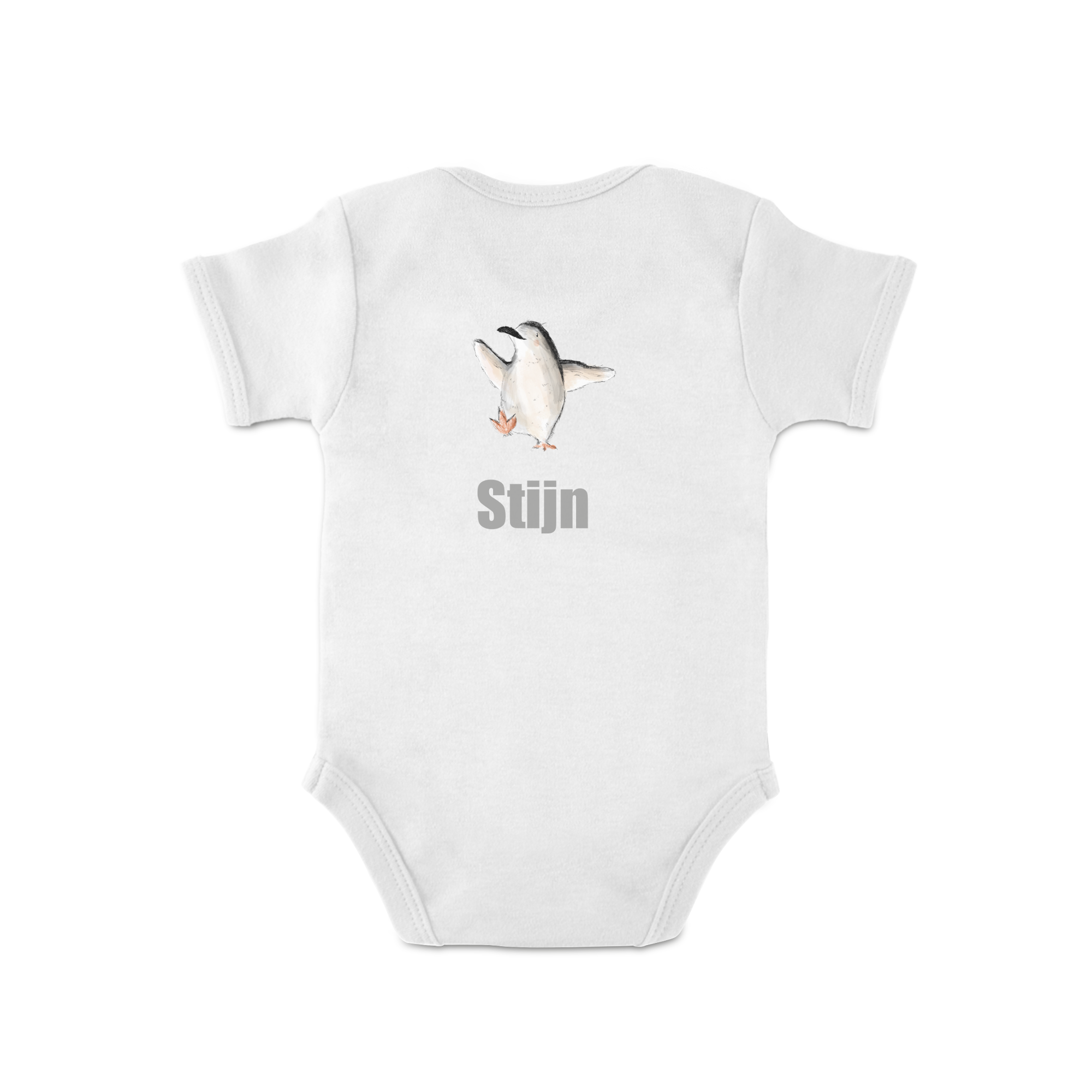 Wit rompertje bedrukt met een vrolijke pinguïn en de naam Stijn, ideaal om de nieuwe ouders te verrassen
