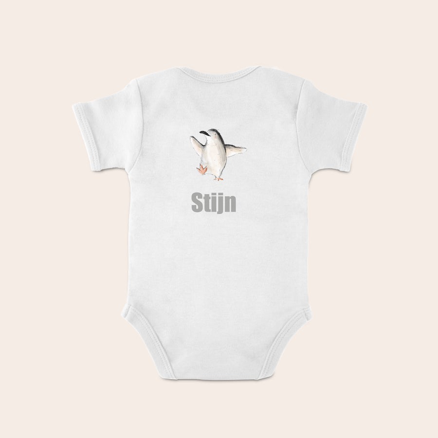 Rompertje bedrukken Wit rompertje bedrukt met een vrolijke pinguïn en de naam Stijn, ideaal om de nieuwe ouders te verrassen