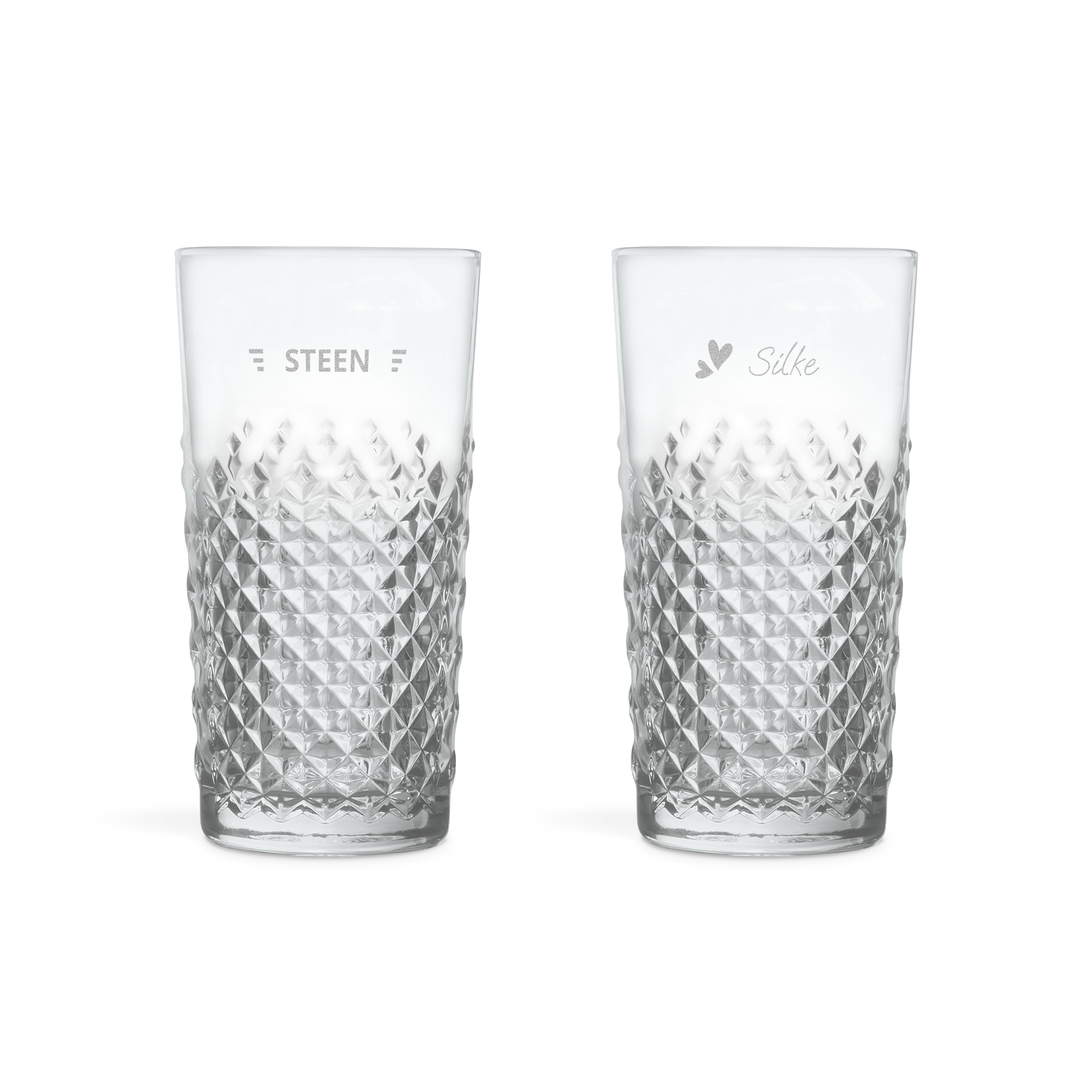 To personlige mojitoglas med mønstret bund indgraveret med navnene Steen og Silke, der kan tilpasses.