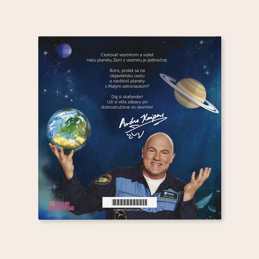 Malý astronaut na ceste k planétam Personalizovaná kniha Malý astronaut & "Meno" na ceste k planétam – Tvrdý obal s ilustráciou Andrého Kuipersa držiaceho Zem a textom na mieru